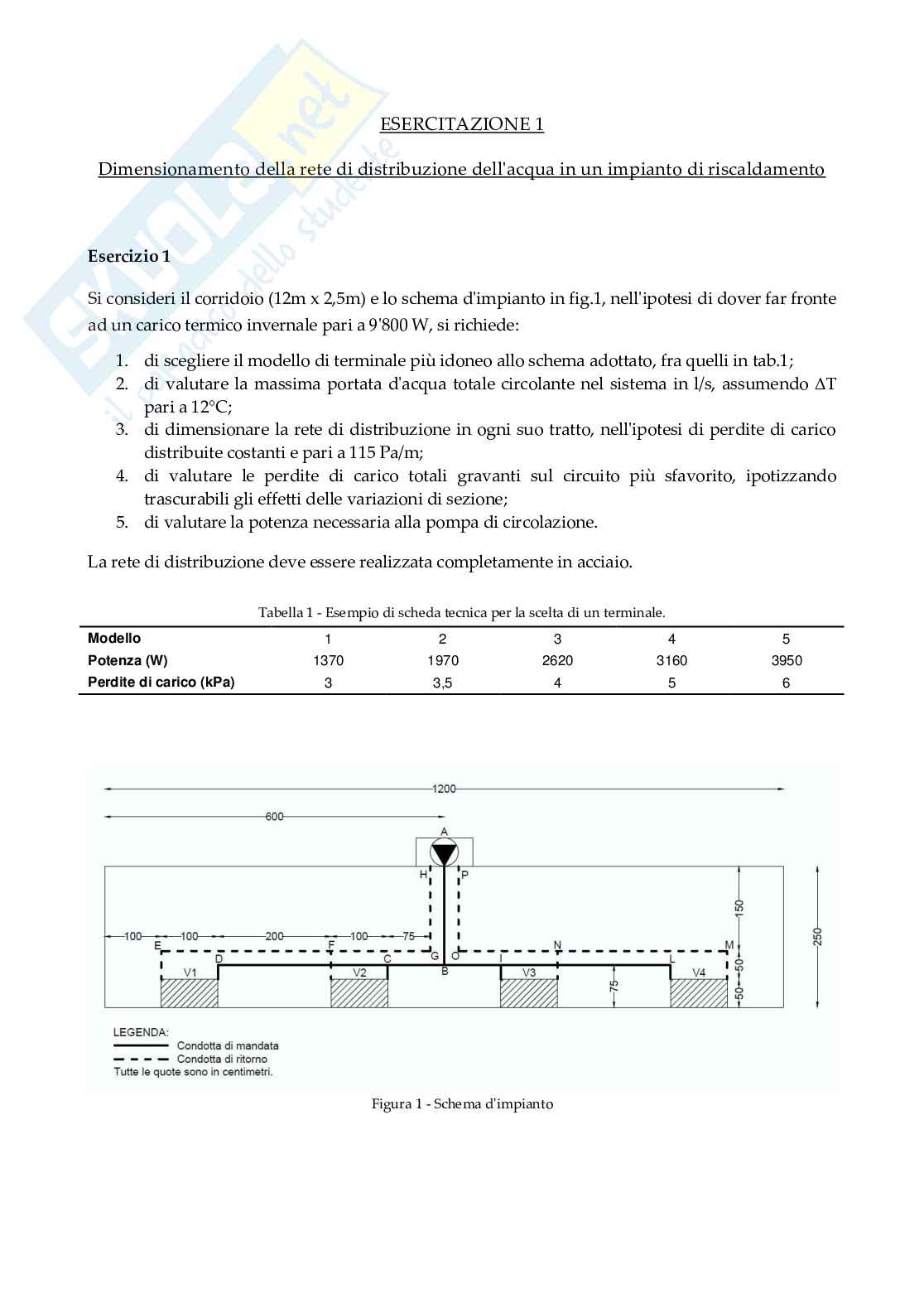 Esercizi con risultati (senza svolgimento) di "Impianti termotecnici" (dimensionamento impianti) Pag. 1
