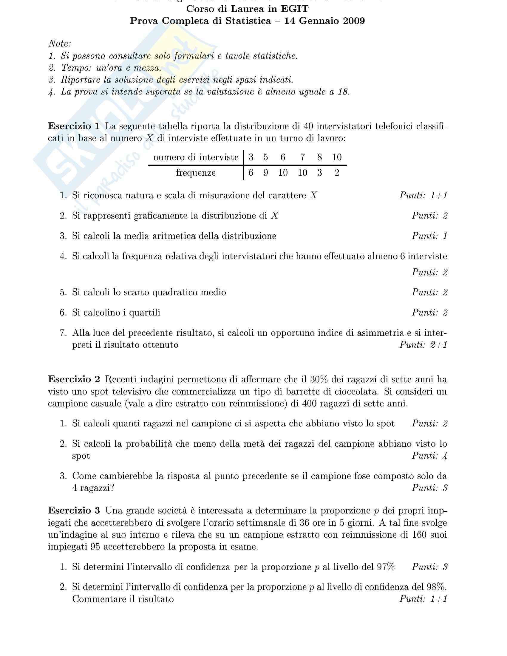 Statistica - compito completo gennaio 2009 Pag. 1