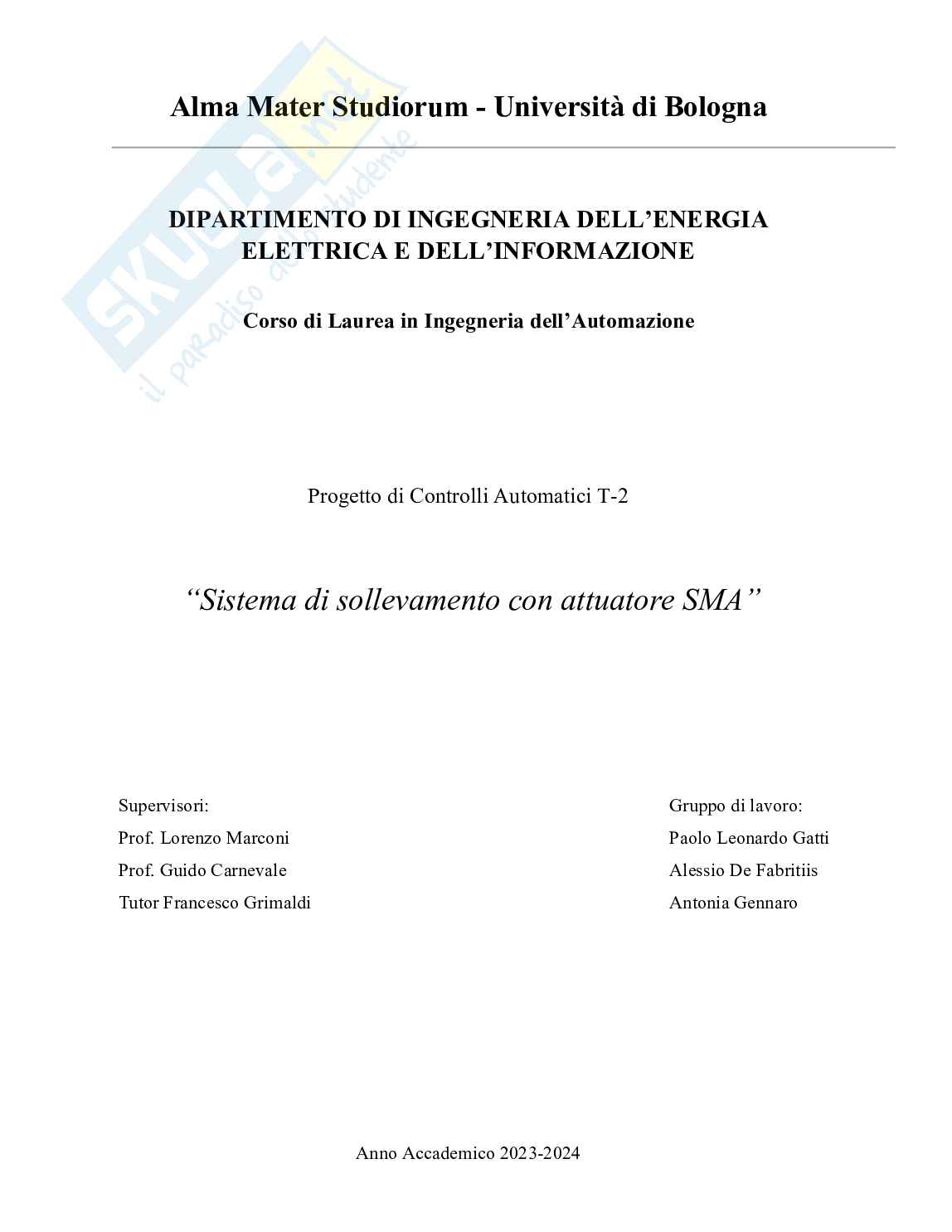 Tesina su Sistema di sollevamento con attuatore SMA Pag. 1