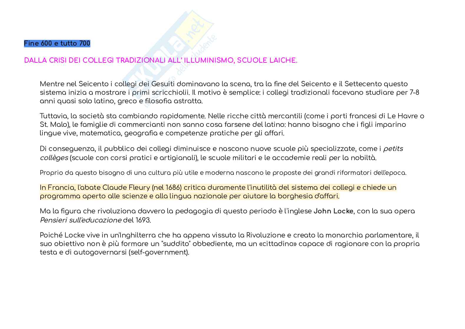 Riassunto esame Storia della pedagogia, Prof. Pizzigoni Francesca Davida, libro consigliato Vita scolastica e pratiche pedagogiche nell'Europa moderna, Morandini Pag. 11