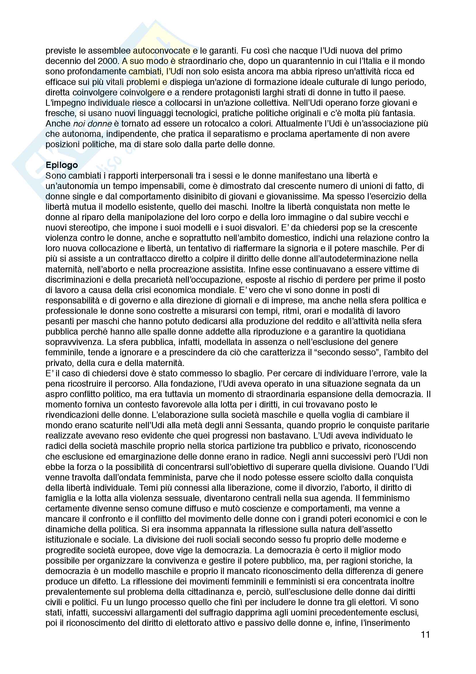 Riassunto esame Sociologia dell'educazione, prof. Andrea Spini, libro consigliato "Memorie di una che c'era. Una storia dell'Udi", Marisa Rodano Pag. 11