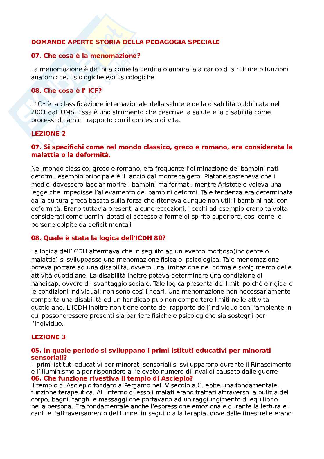 Risposte domande aperte di Storia della pedagogia speciale Pag. 1