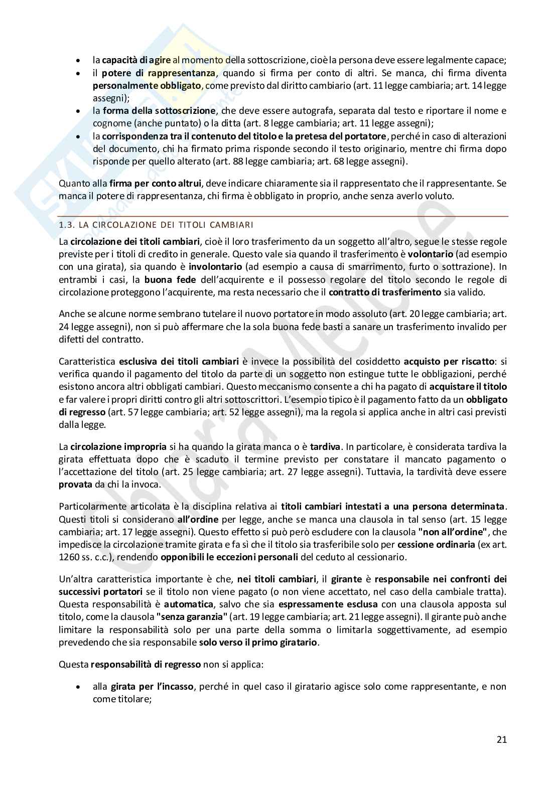 Riassunto esame Diritto commerciale, Prof. Rosapepe Roberto, libro consigliato Manuale di diritto commerciale -  i titoli di credito: da pag.985 a pag. 1045, Buonocore  Pag. 21