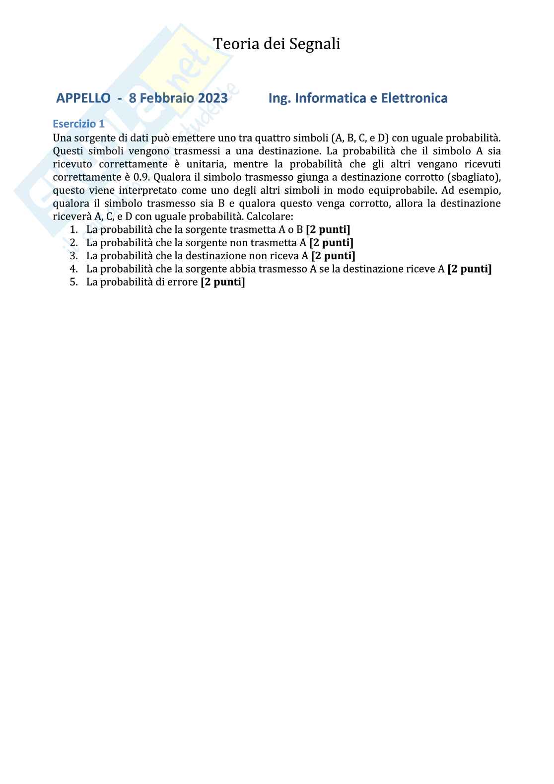 Esercizi teoria della probabilità e variabili aleatorie - Parte 2 Pag. 1