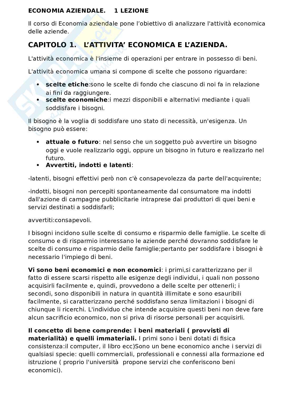 Riassunto esame Economia aziendale, Prof. Sensini Luca, libro consigliato Economia aziendale, Aurelio Tommasetti e Marco Bisogno Pag. 1