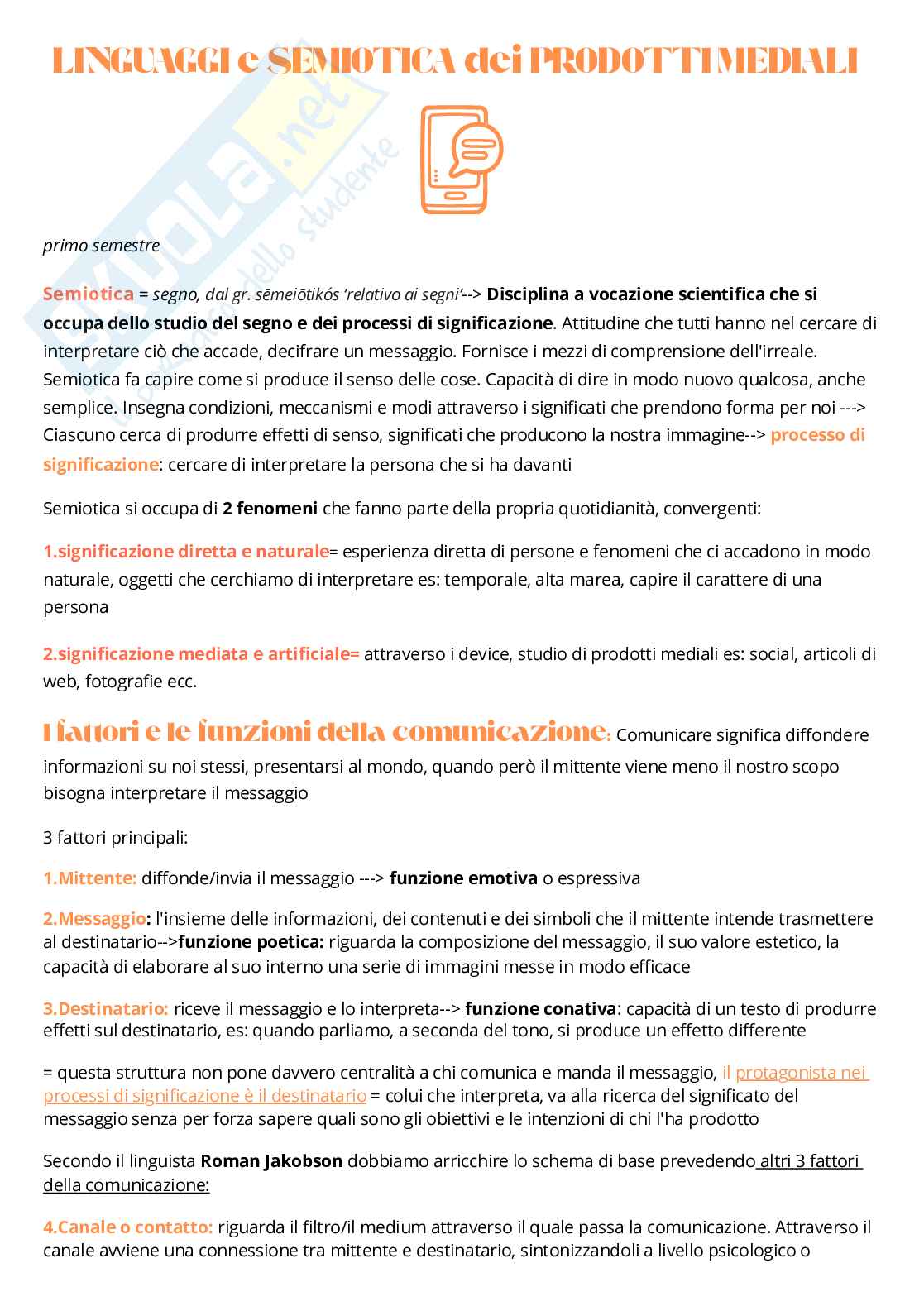 Riassunto esame Linguaggi e semiotica dei prodotti mediali, Prof. Cati Alice, libro consigliato Manuale di semiotica, Volli Pag. 1