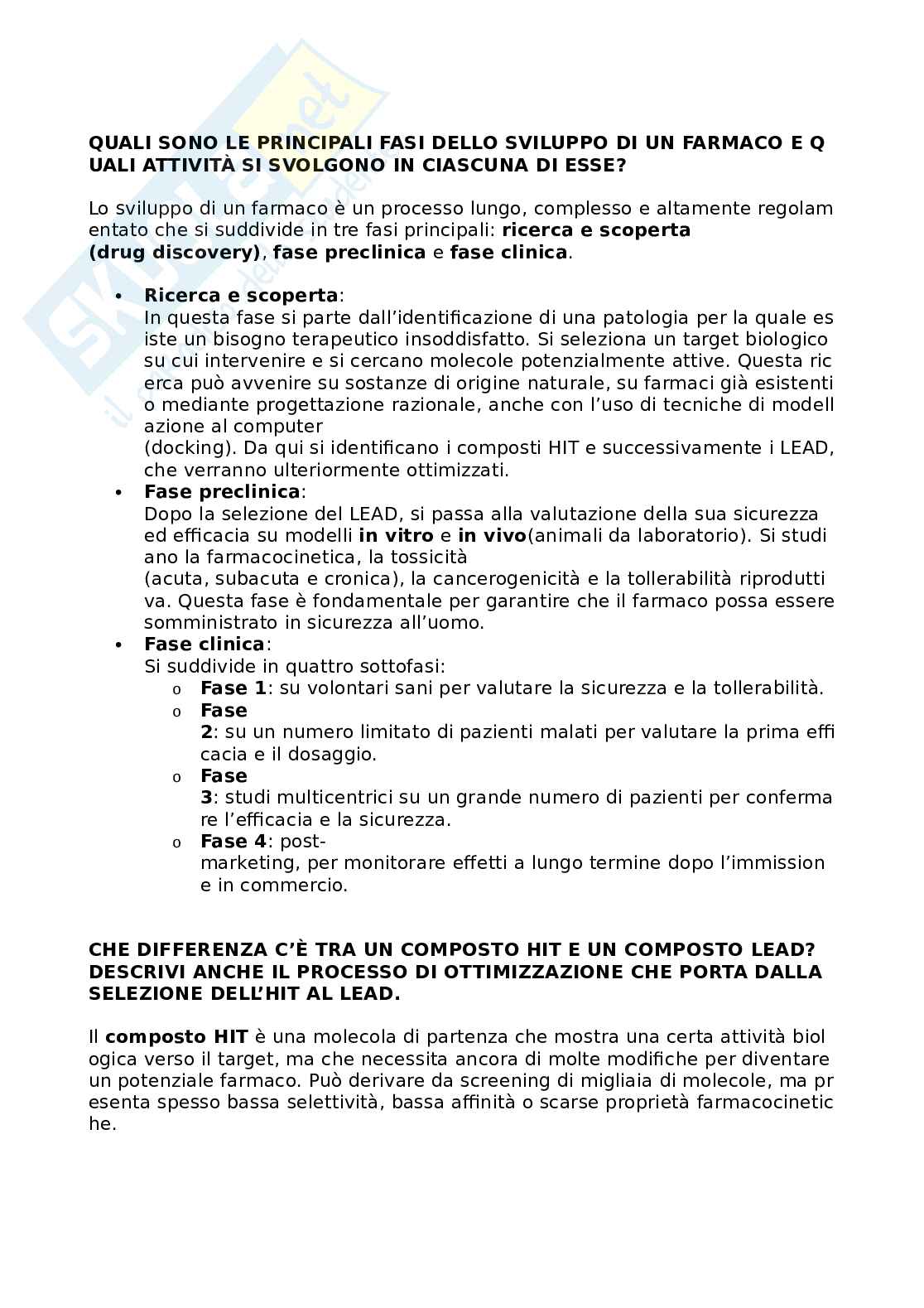 Domande e risposte Metodologie di farmacologia preclinica e clinica Pag. 1