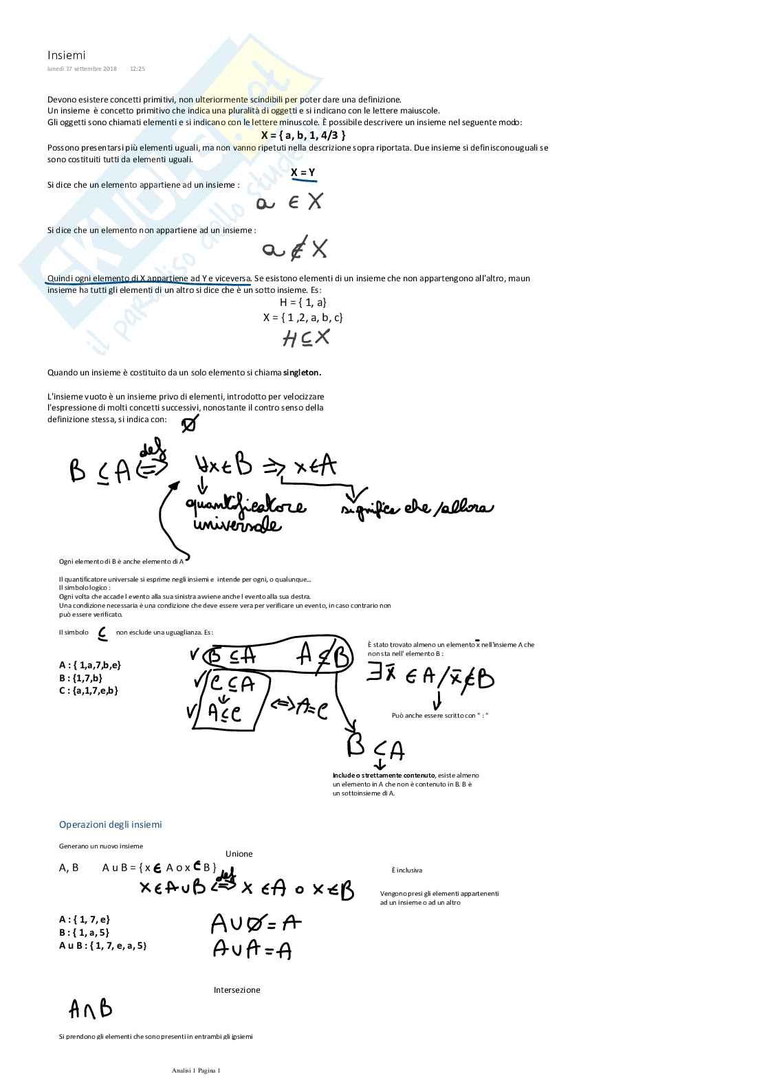 Analisi 1: Teoria ed esempi (prof. Piccirillo) Pag. 1