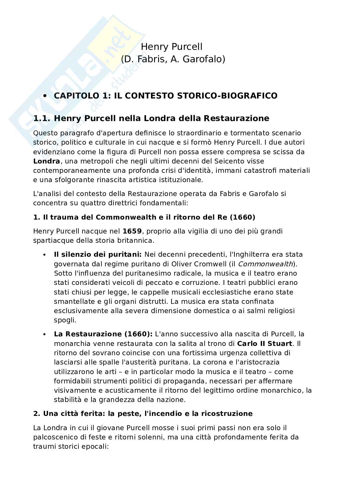 Riassunto esame Drammaturgia musicale, Prof. Fiore Angela, libro consigliato Henry Purcell, Fabris, Garofalo Pag. 1