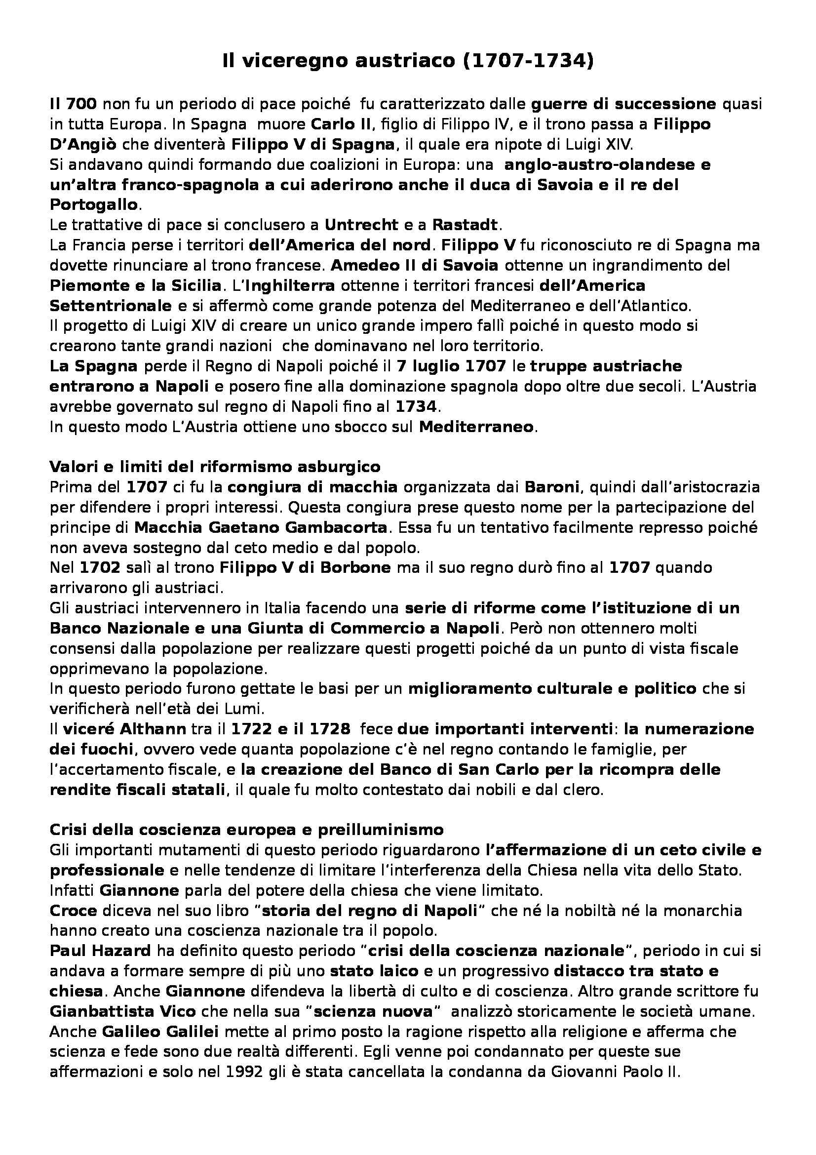 Storia moderna - il viceregno austriaco, il regno borbonico e la rivoluzione napoletana (1700) Pag. 1