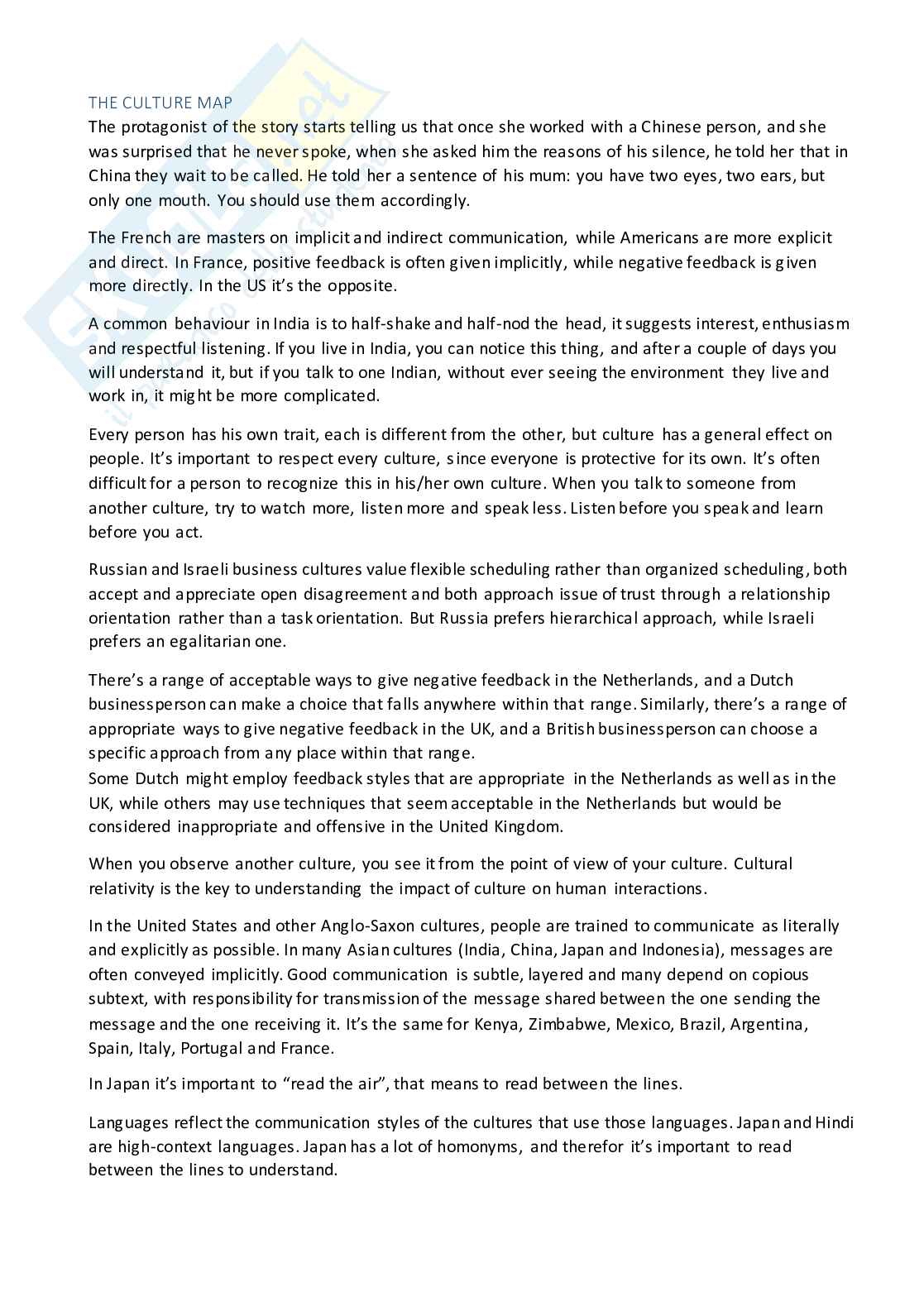 Riassunto esame Lingua inglese, Prof. Zazzeroni Elisabetta, libro consigliato The Culture map, Meyer Pag. 1