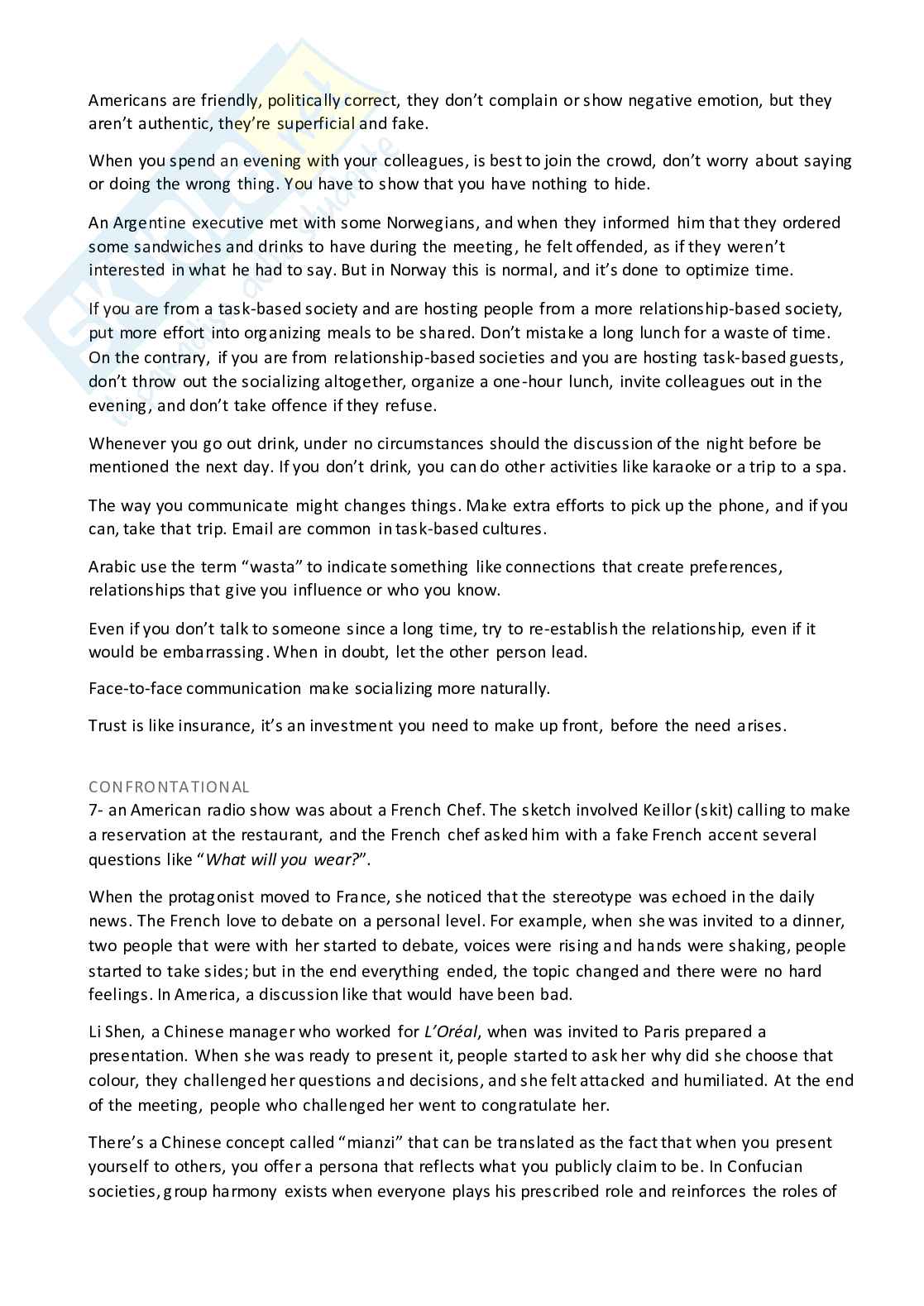 Riassunto esame Lingua inglese, Prof. Zazzeroni Elisabetta, libro consigliato The Culture map, Meyer Pag. 11