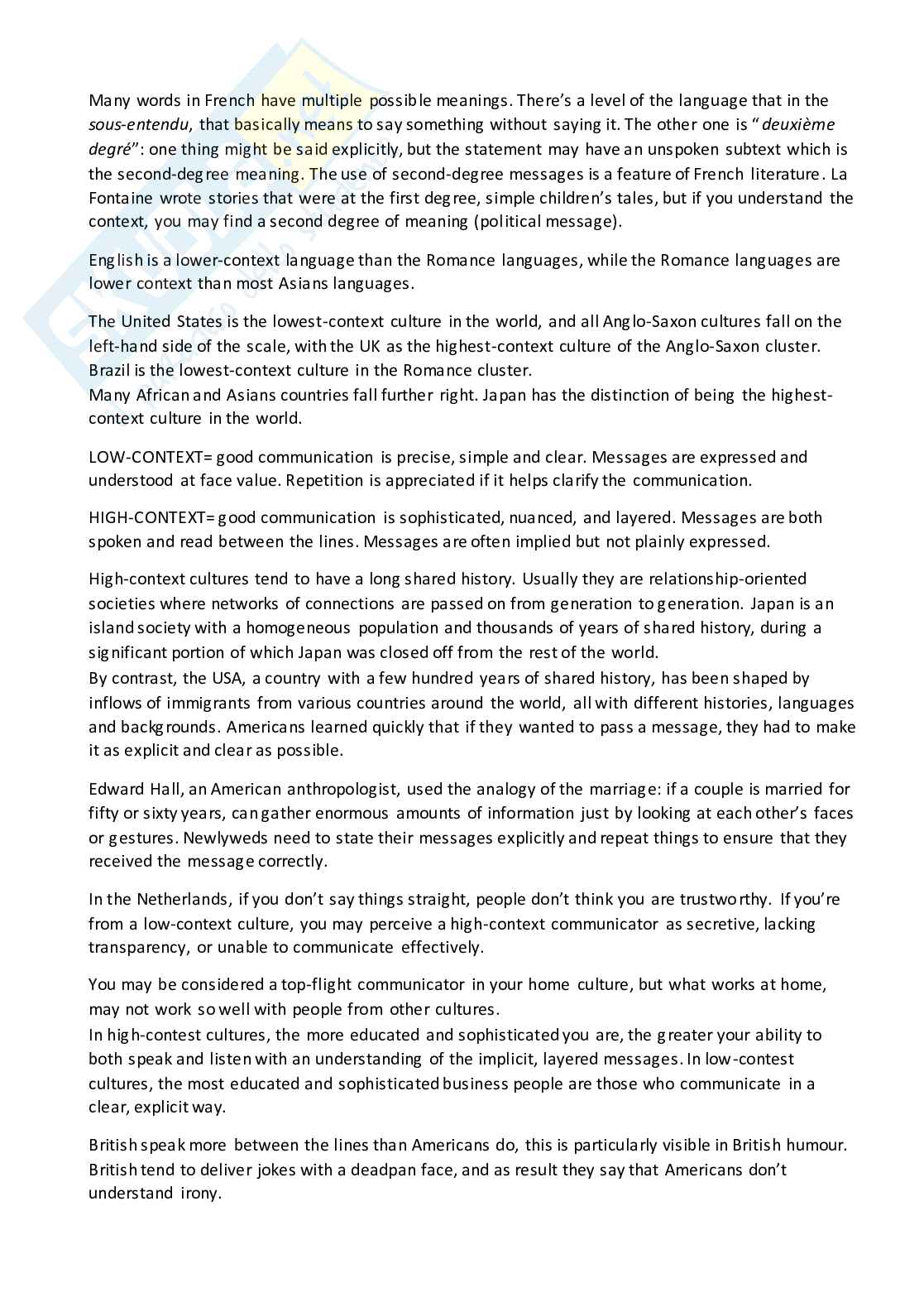 Riassunto esame Lingua inglese, Prof. Zazzeroni Elisabetta, libro consigliato The Culture map, Meyer Pag. 2