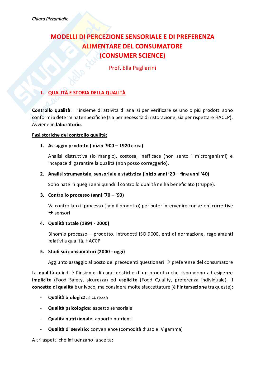 Riassunto Modelli di Percezione Sensoriale (Consumer Science), prof. Pagliarini Pag. 1