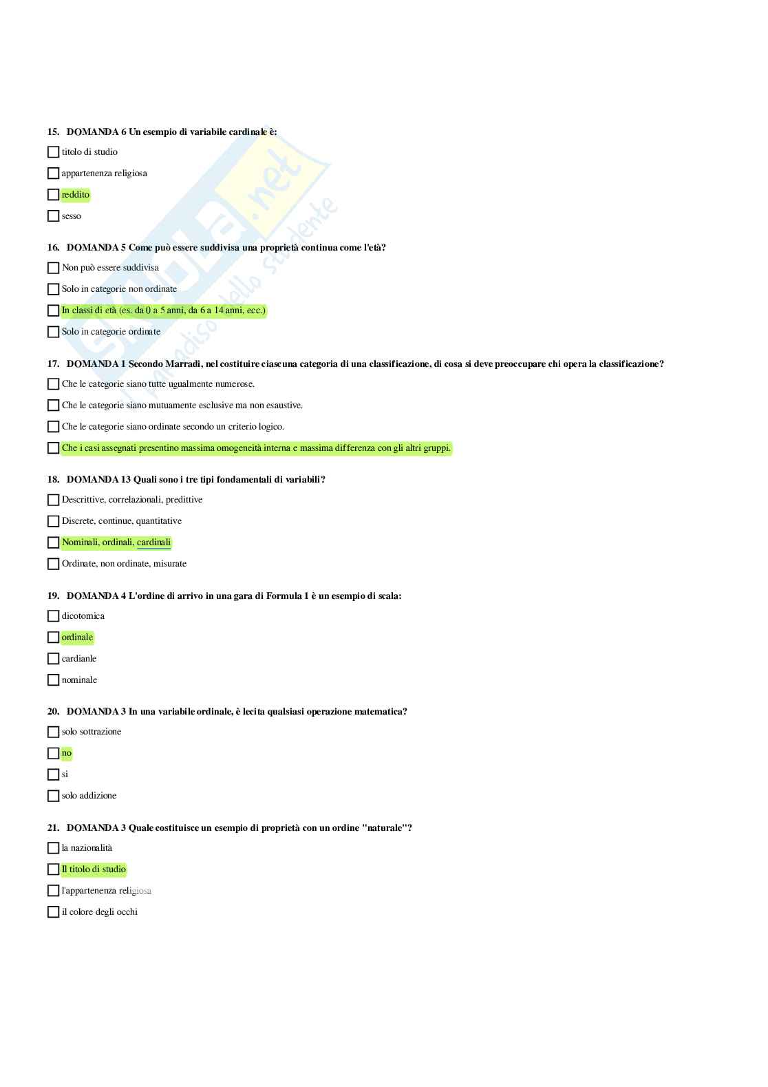Paniere verificato e svolto di Metodologia della ricerca sociale - Risposte multiple Pag. 16