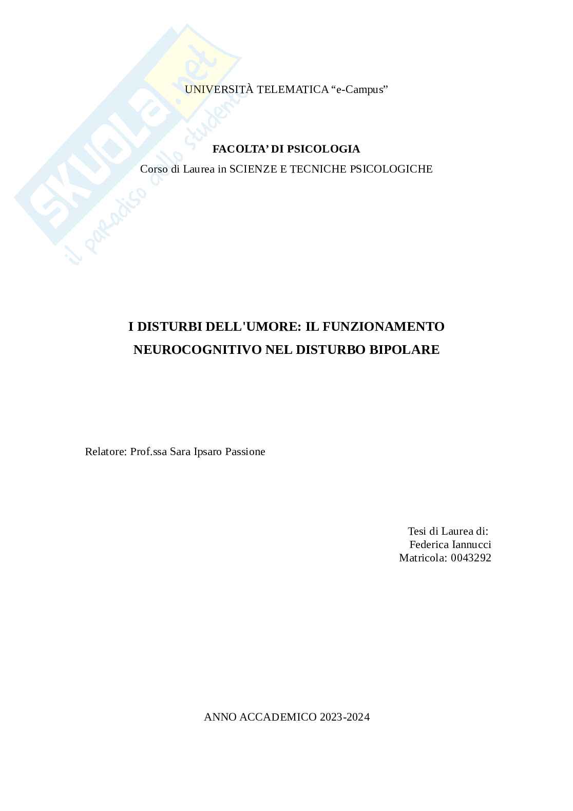 Tesi sul disturbo bipolare Pag. 1