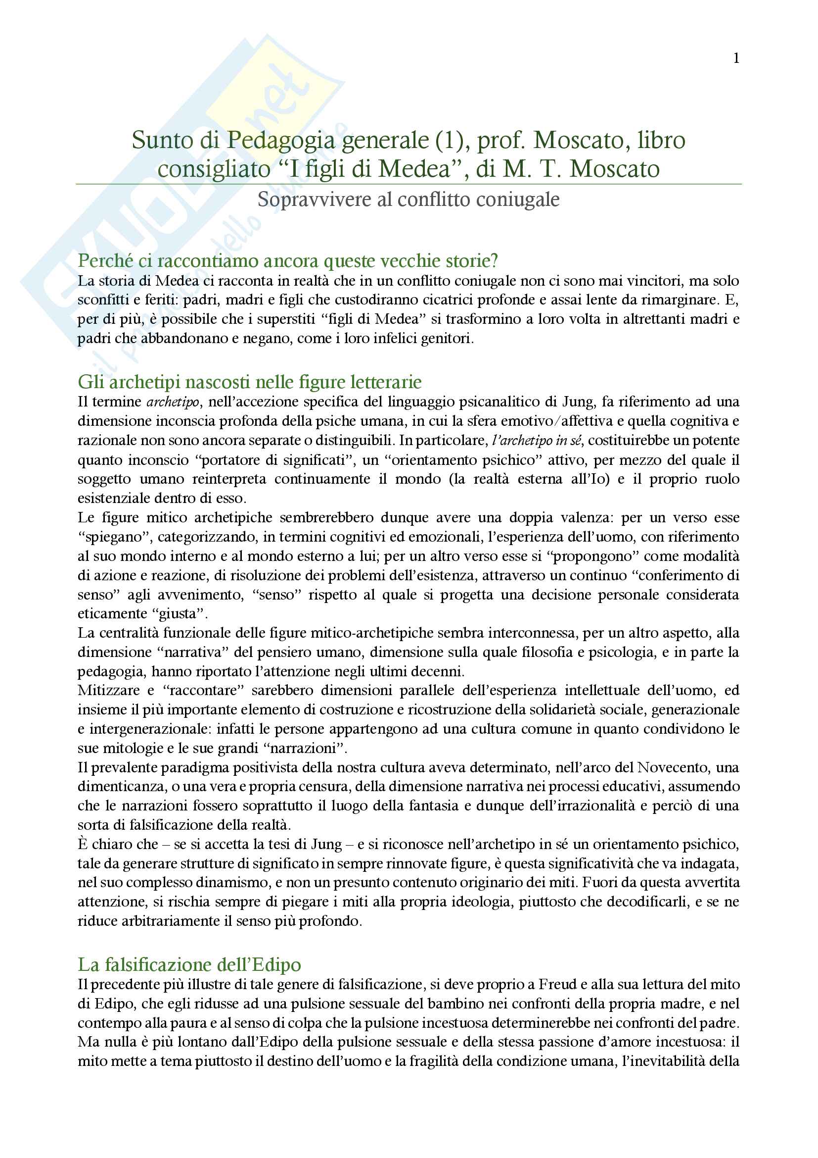 Riassunto Esame Pedagogia Prof Moscato Libro Consigliato I Figli Di Medea Moscato