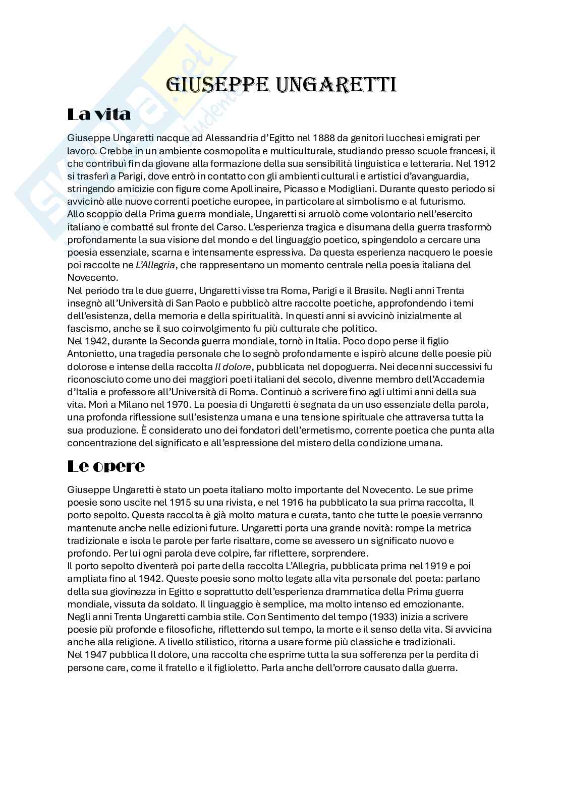 Appunti di Filologia della letteratura italiana su Ungaretti Pag. 1
