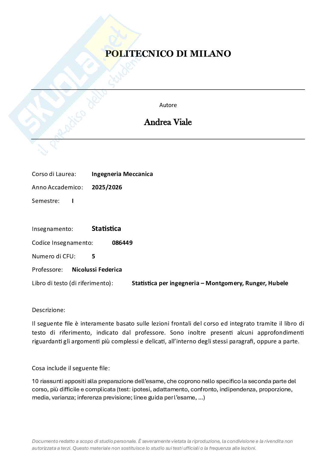Appunti riassuntivi e formulari di Statistica  Pag. 1