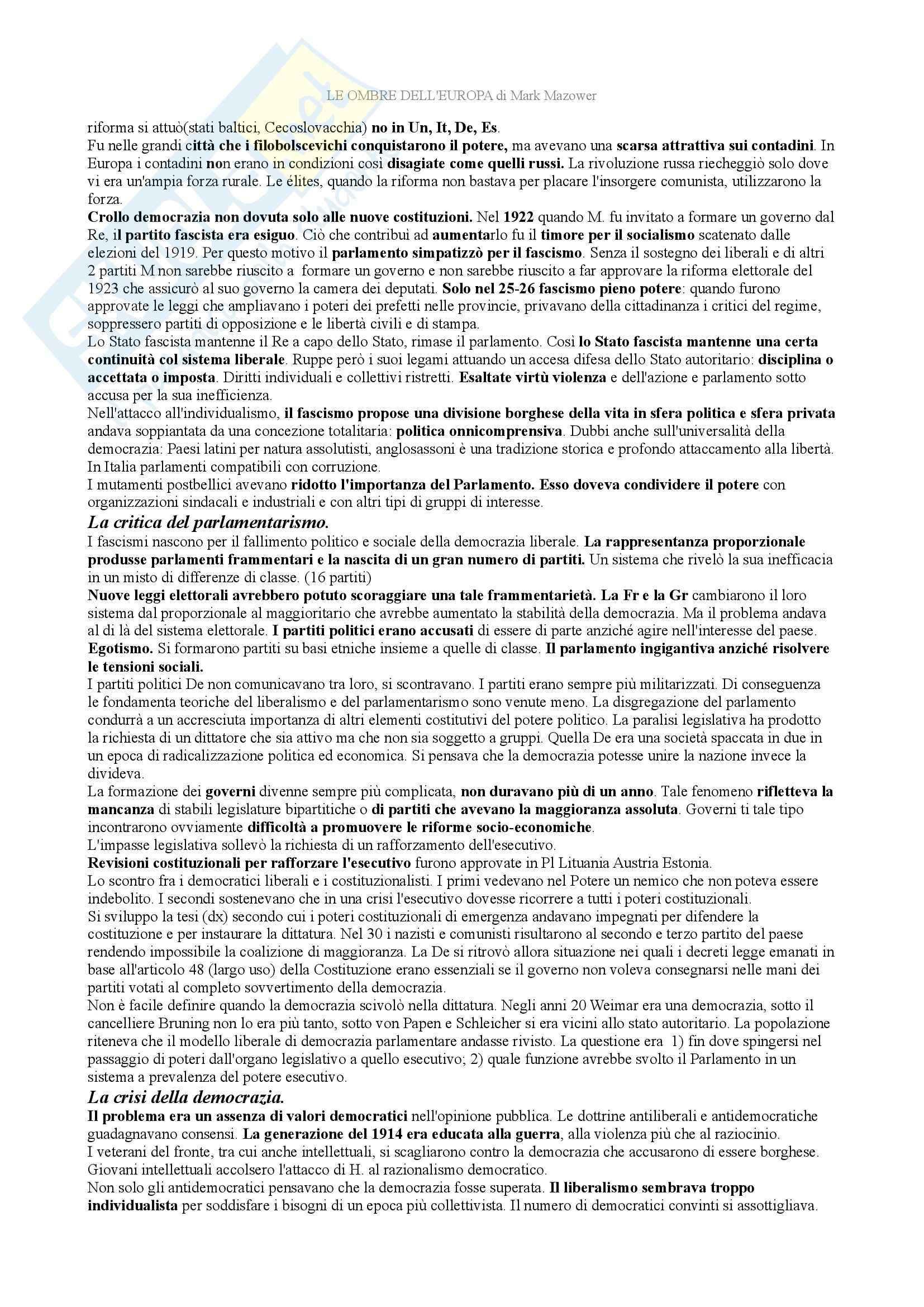 Riassunto esame storia contemporanea, prof. Tolomelli, libro consigliato Le ombre d'Europa, Mazower Pag. 2