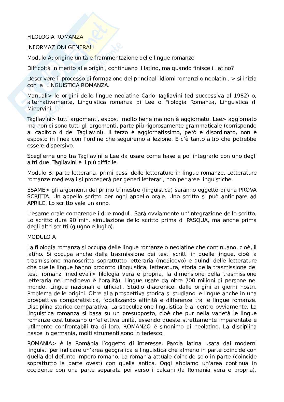 Appunti modulo A e parzialmente B di Filologia romanza Pag. 1