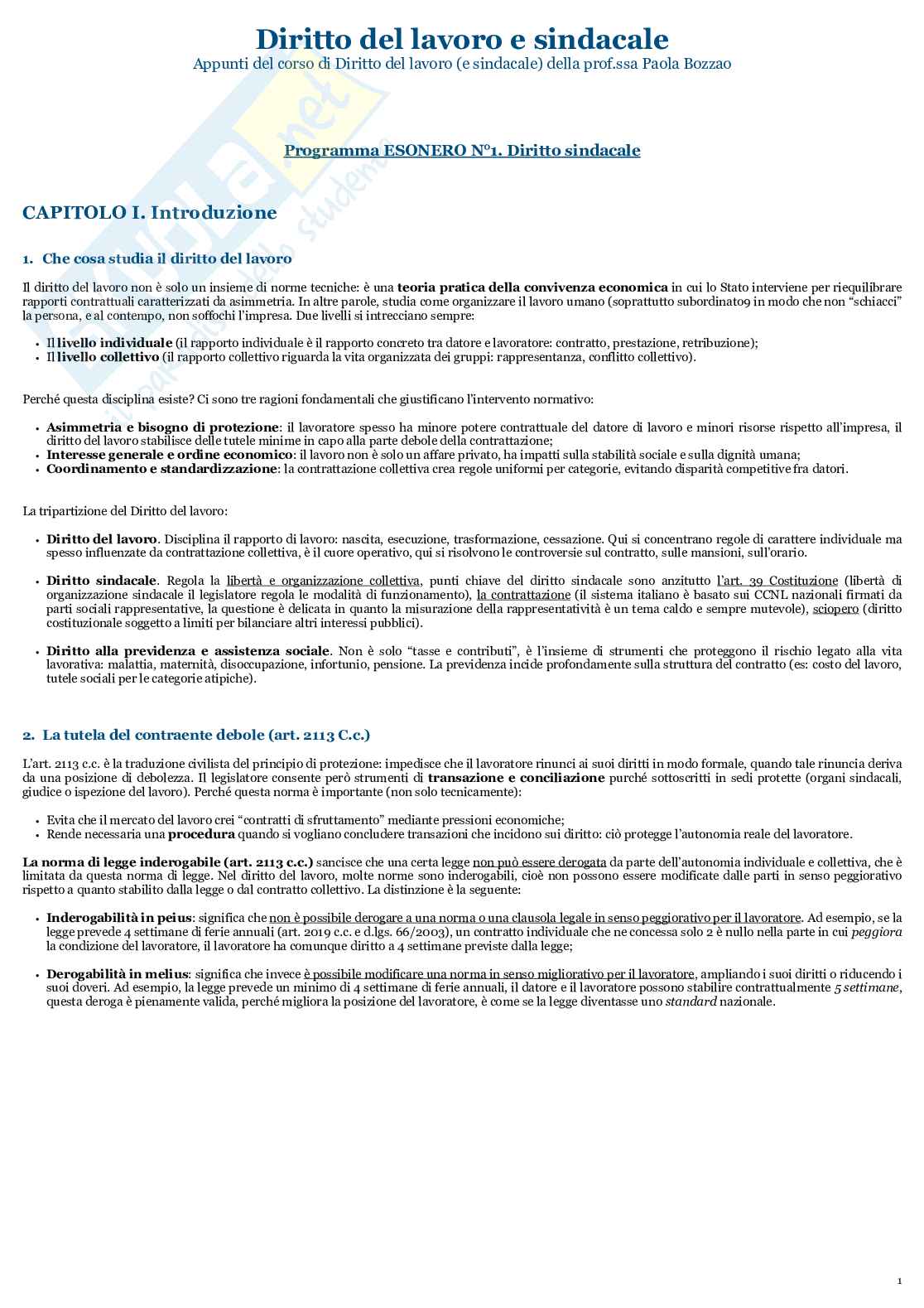 Esame di Diritto del lavoro e sindacale - Programma integrale  Pag. 1