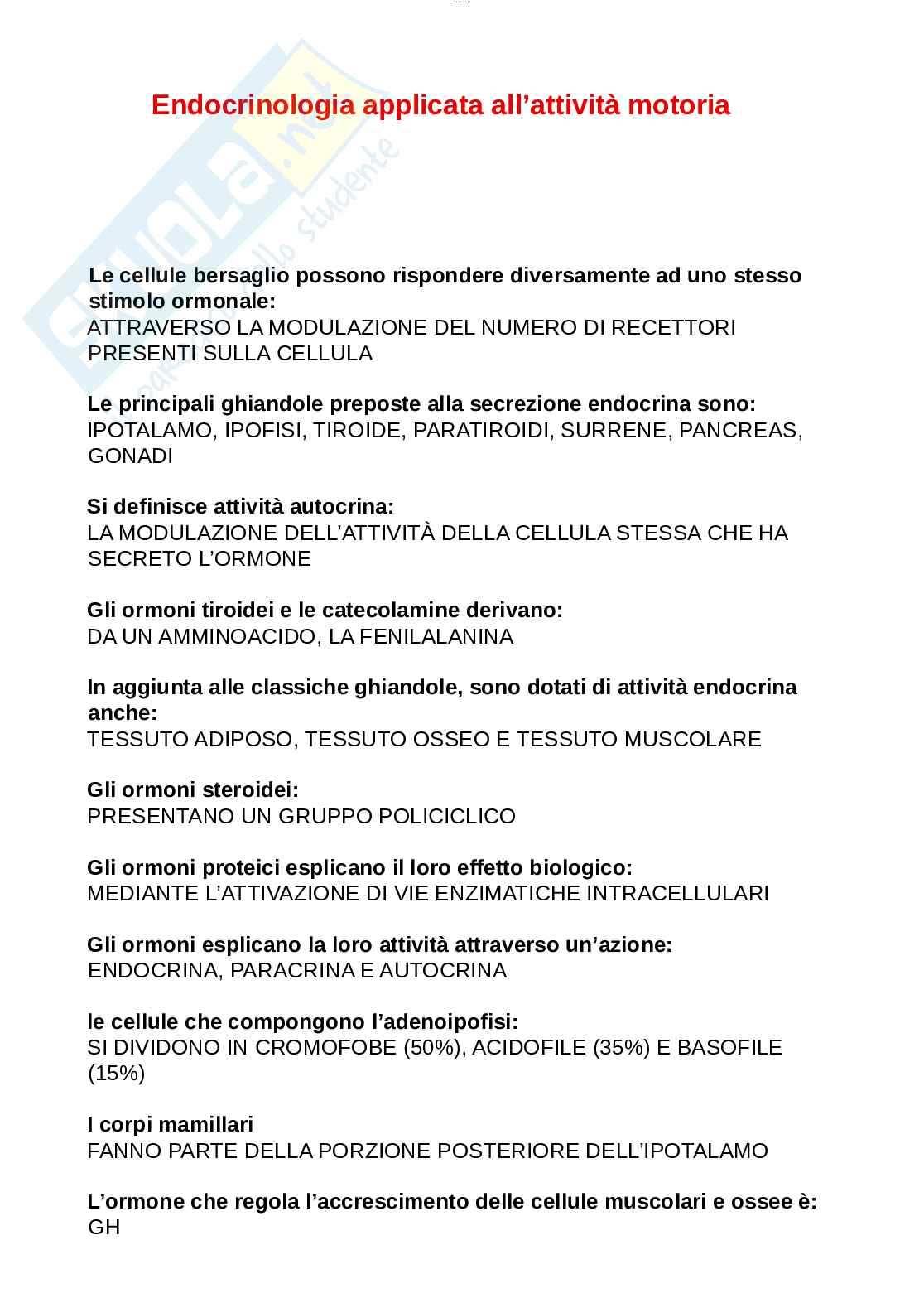 Paniere esame Nutrizione ed endocrinologia, Endocrinologia applicata all'attività motoria  Pag. 1