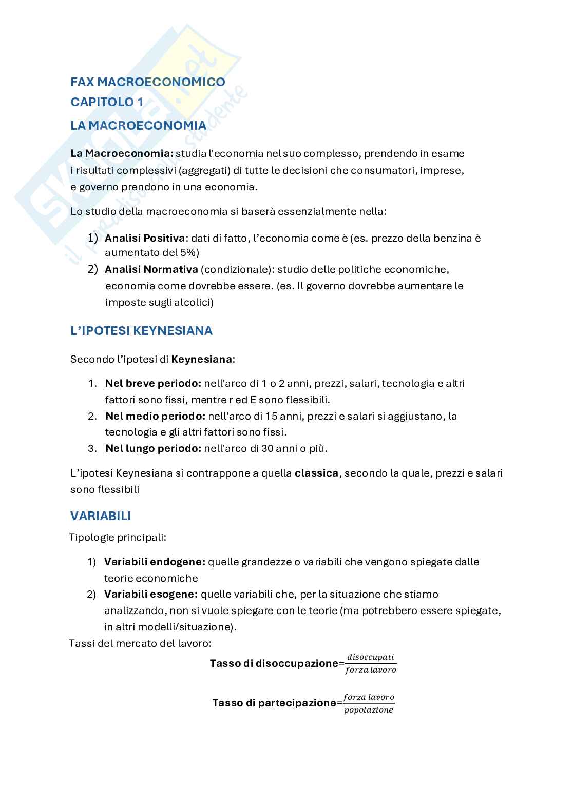 Riassunto esame Macroeconomia, Prof. Parisi Lavinia, libro consigliato Macroeconomia, Wyplosz Pag. 1