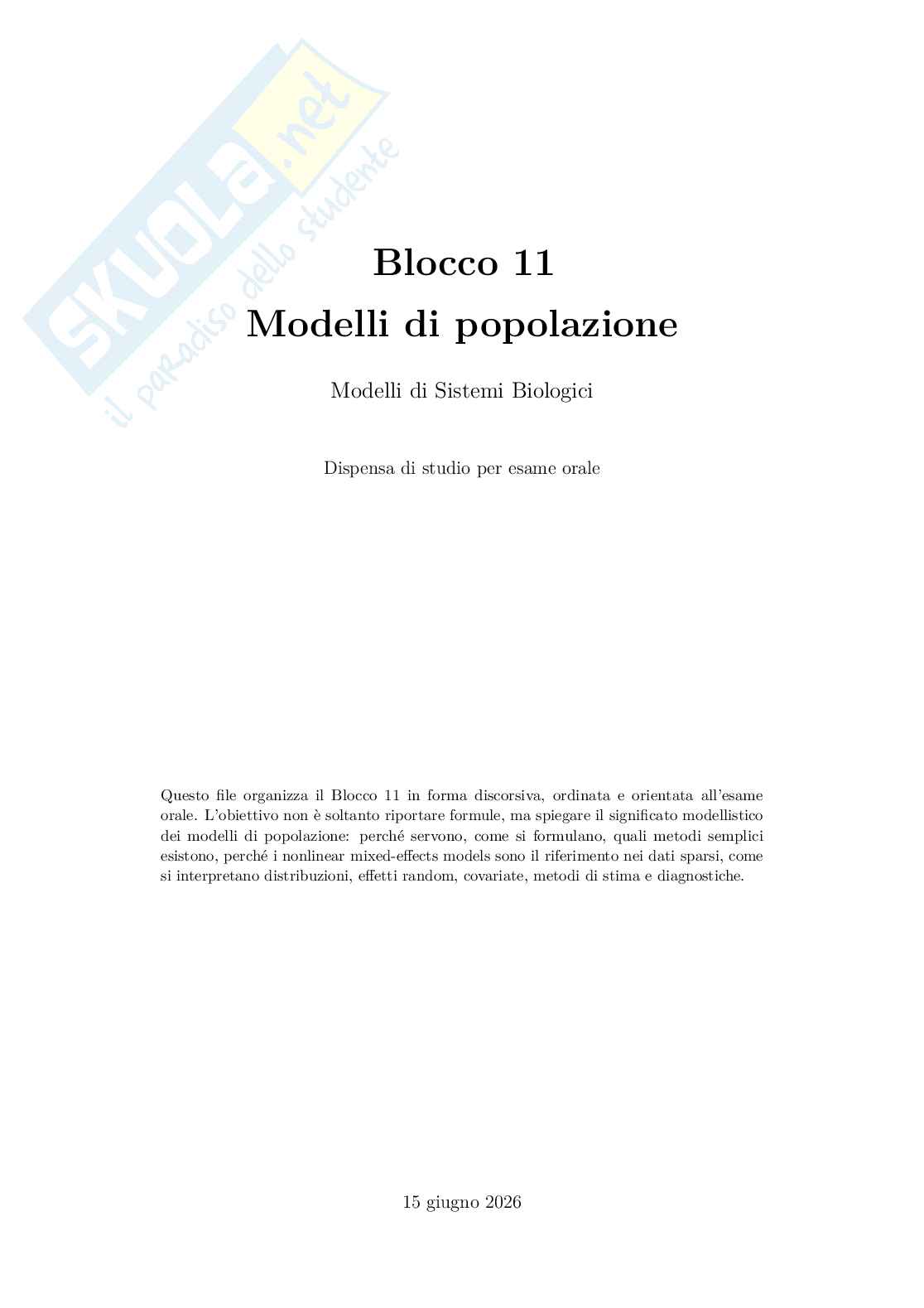 Blocco 11: Modelli di popolazione Pag. 1