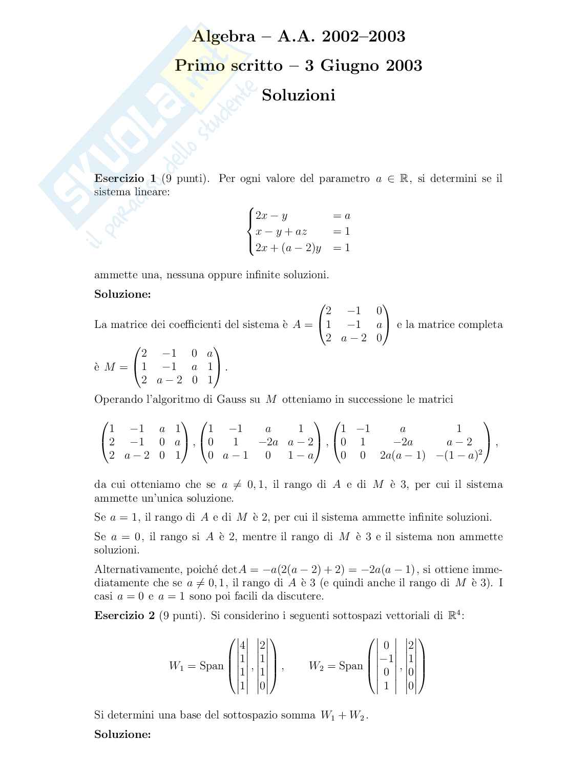 Esame Di Algebra Lineare E Geometria
