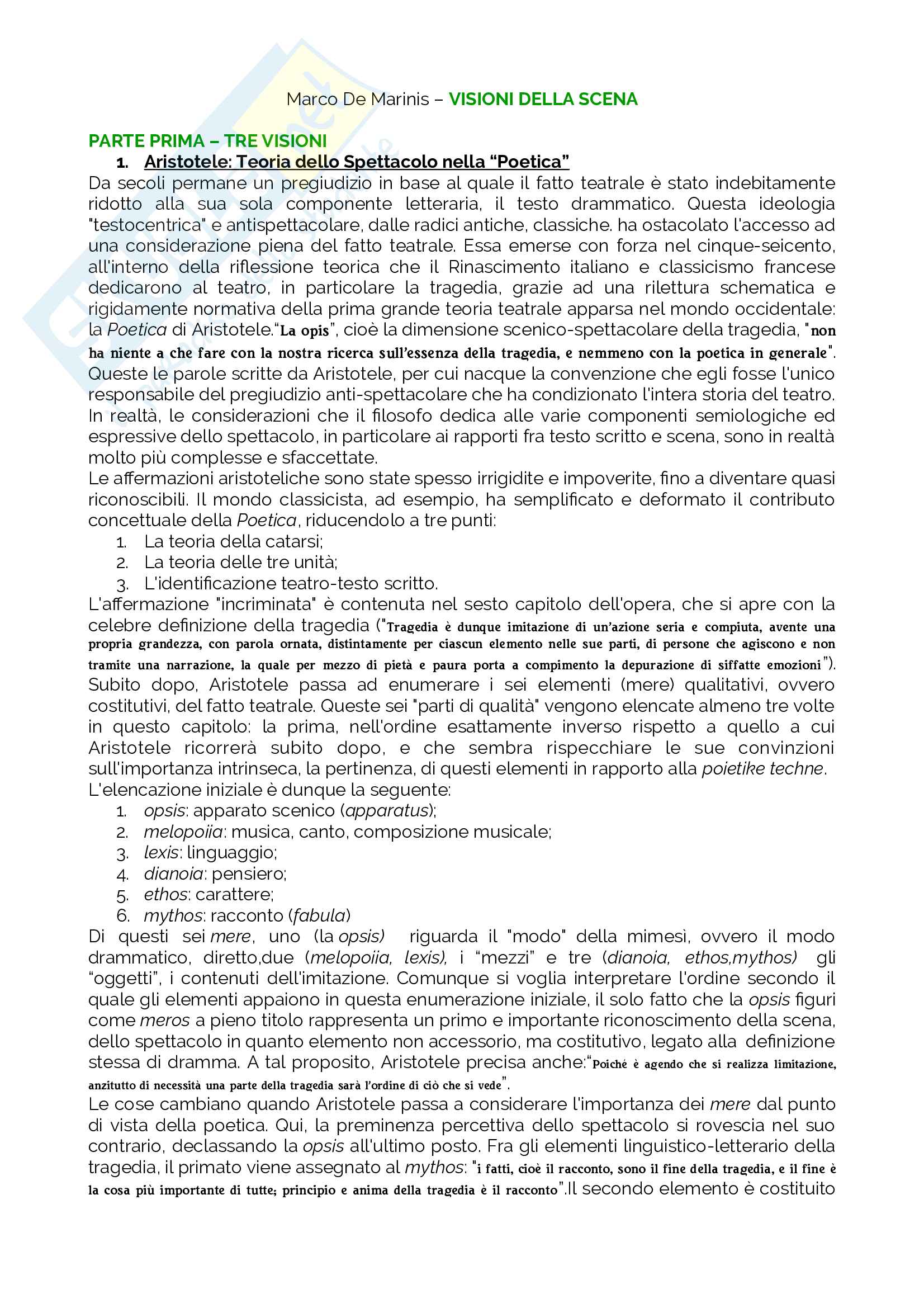 Riassunto esame storia del teatro e dello spettacolo, prof De Marinis, libro consigliato Visioni della scena, De Marinis Pag. 1
