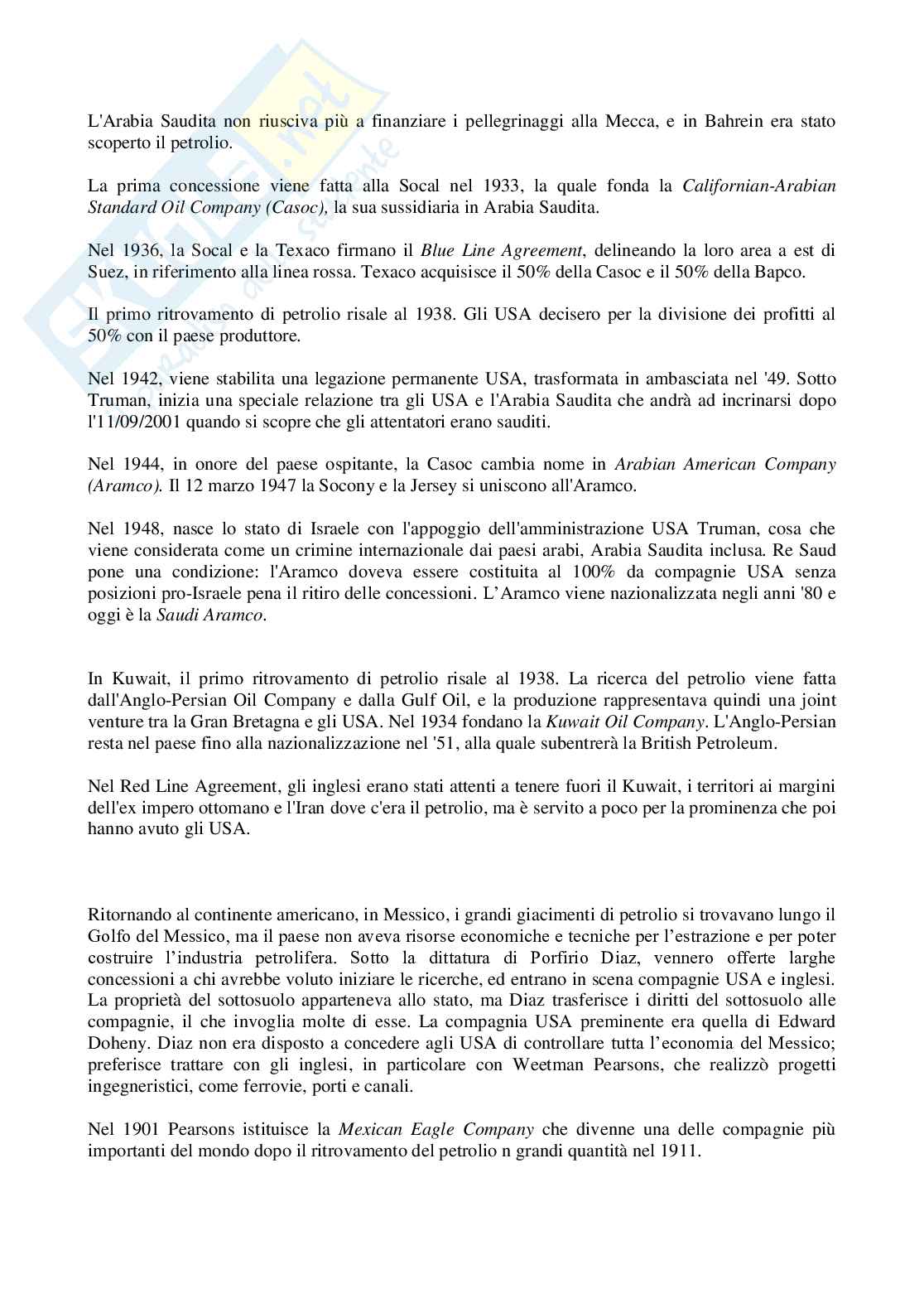Appunti esame Politica internazionale, prof. Saiu, Ritrovamenti di petrolio e compagnie coinvolte nel periodo 1850-1950 (USA, Russia zarista, Indie orientali olandesi, Medio Oriente, Messico) Pag. 6