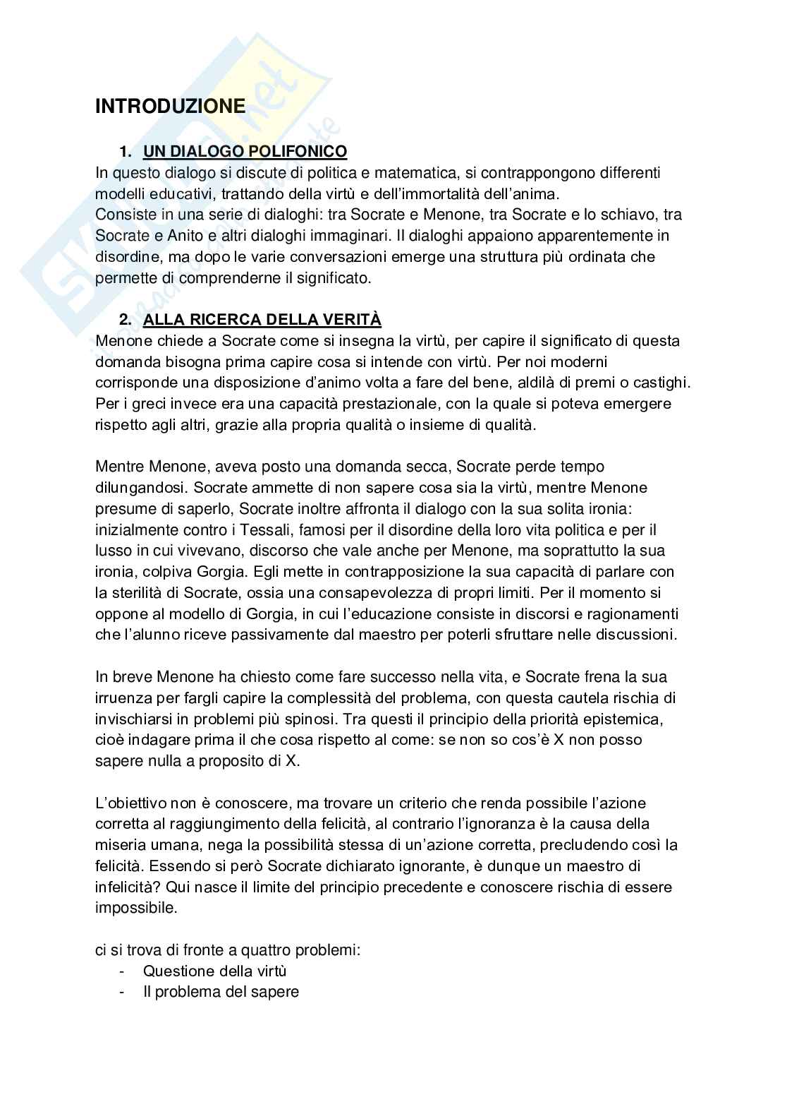 Riassunto esame Storia della filosofia antica, Prof. Mauro Sara Giovanna, libro consigliato Menone, Platone Pag. 1