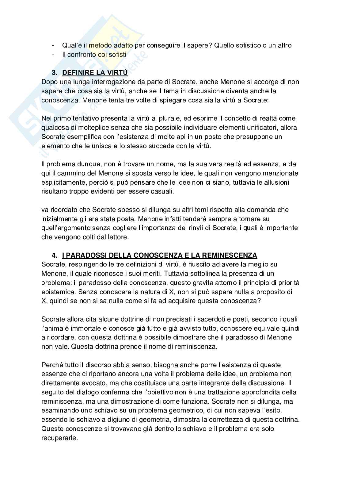 Riassunto esame Storia della filosofia antica, Prof. Mauro Sara Giovanna, libro consigliato Menone, Platone Pag. 2
