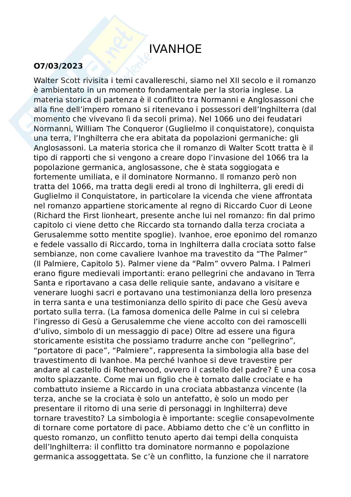 Riassunto esame Letteratura italiana contemporanea, Prof. Minetti Francesco, libro consigliato Ivnhoe, Scott Pag. 1