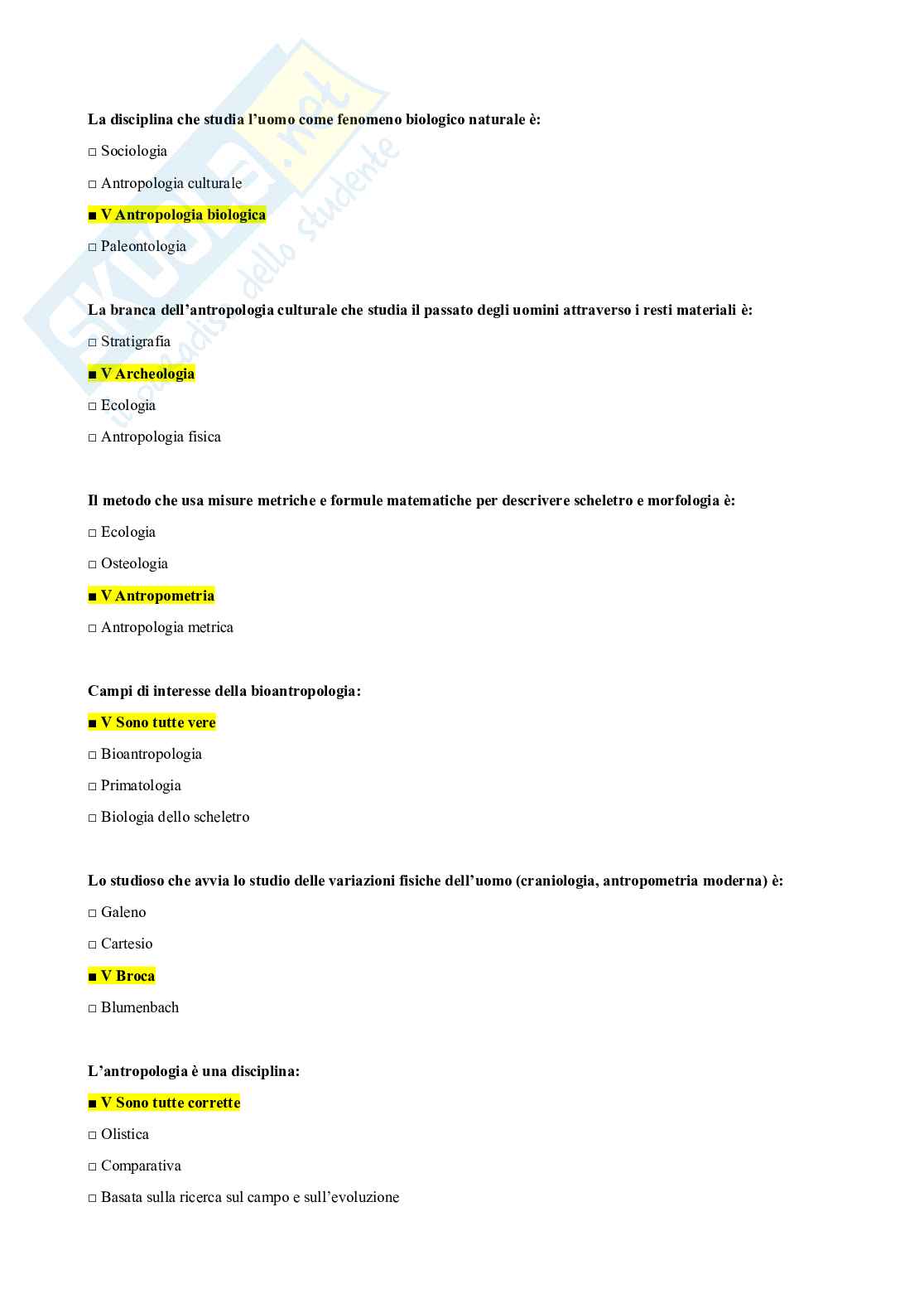 Domande chiuse Antropologia   Pag. 1