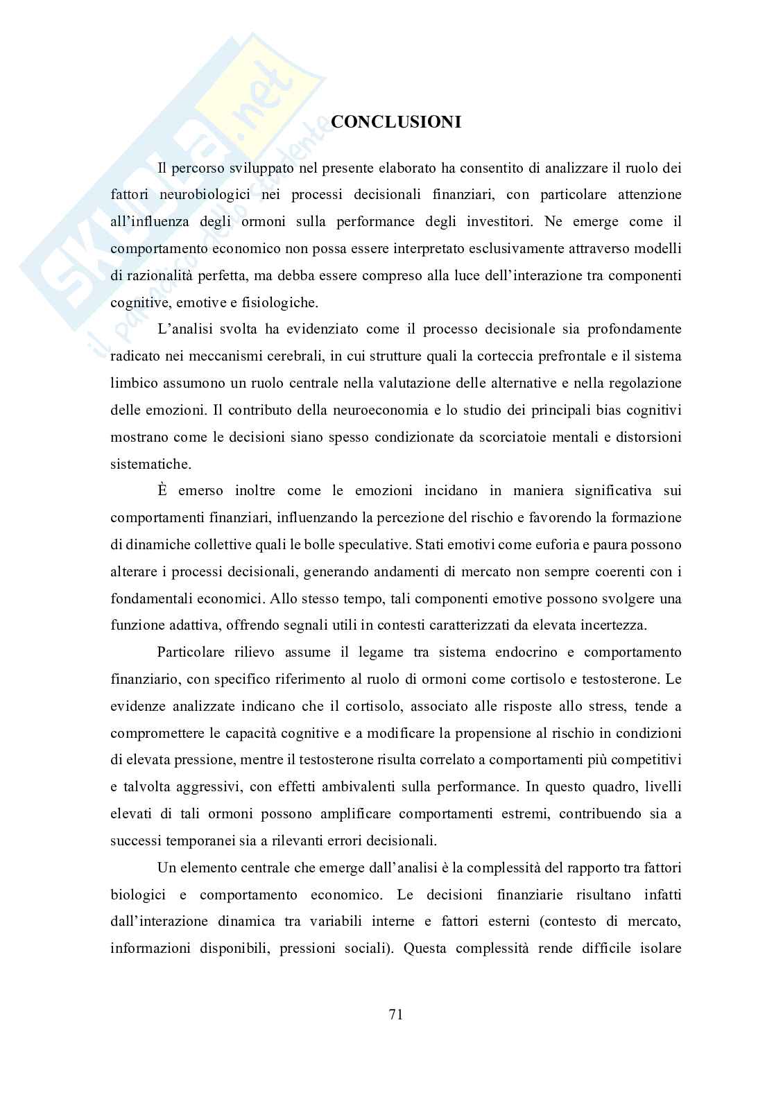 Tesi in Neurofinanza - L'influenza ormonale sulla performance dell'Investitore nei mercati finanziari Pag. 71