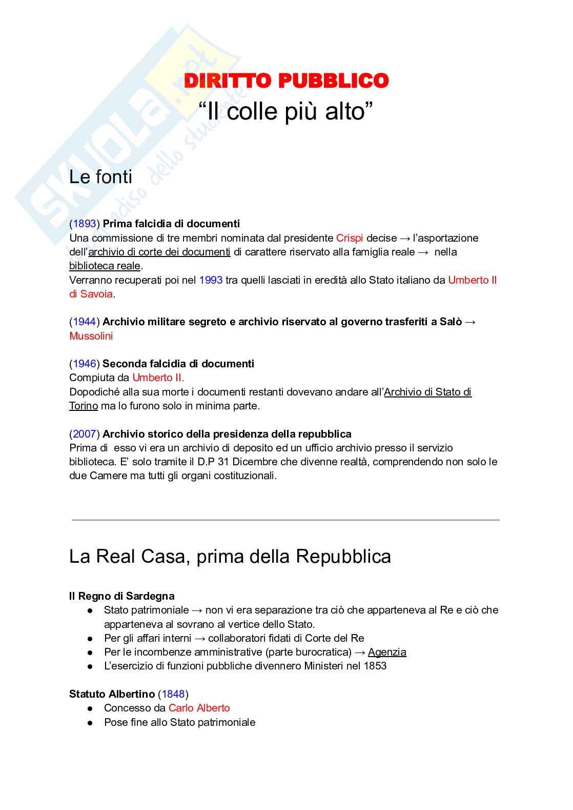 Riassunto esame Diritto pubblico, Prof. Milano Prof., libro consigliato Il colle più alto, Giovannetti   Pag. 1