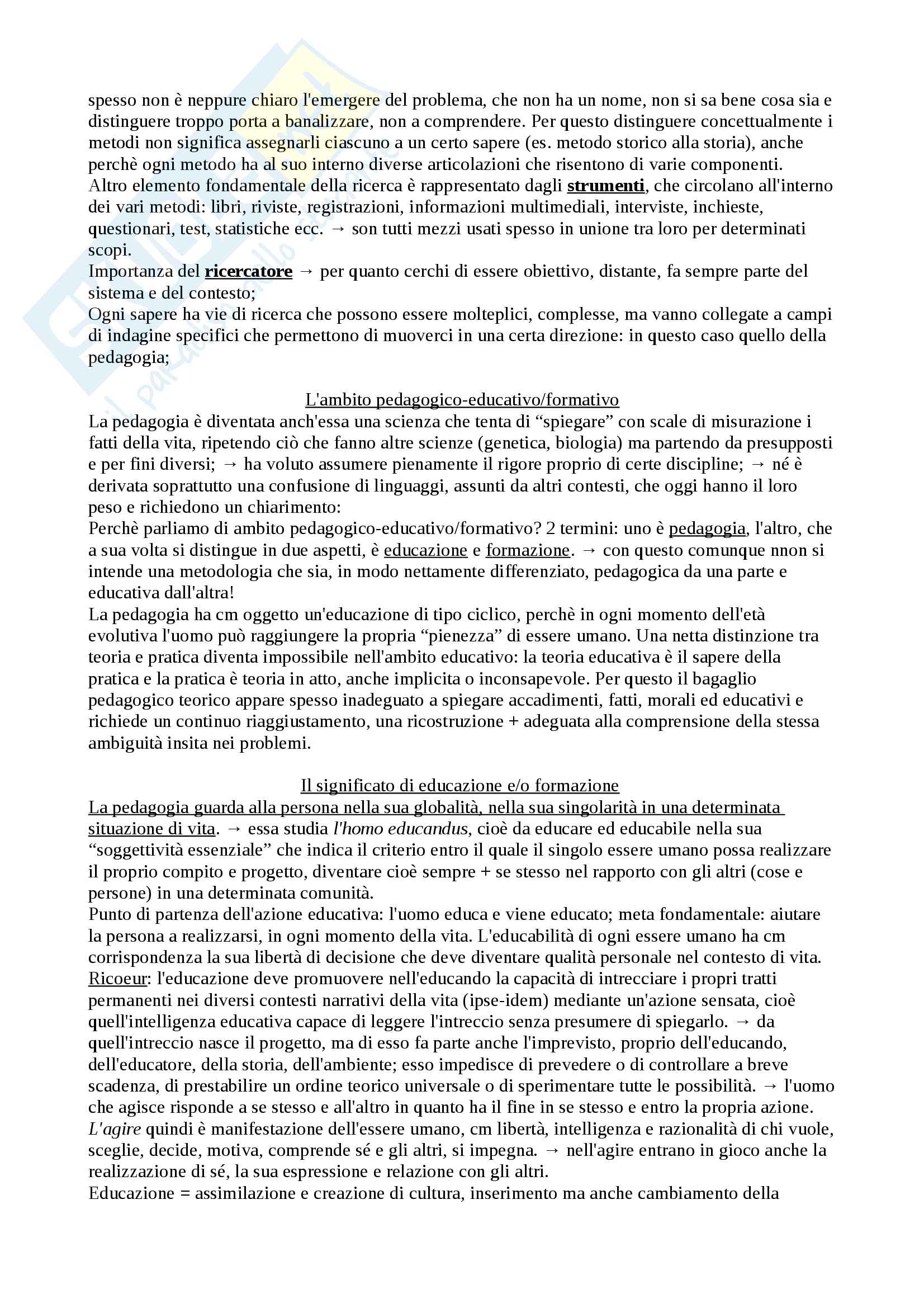 Riassunto esame Metodologia della ricerca pedagogica, prof. Gasperi, libro consigliato Metodologia della ricerca pedagogica, Orlando Cian Pag. 2
