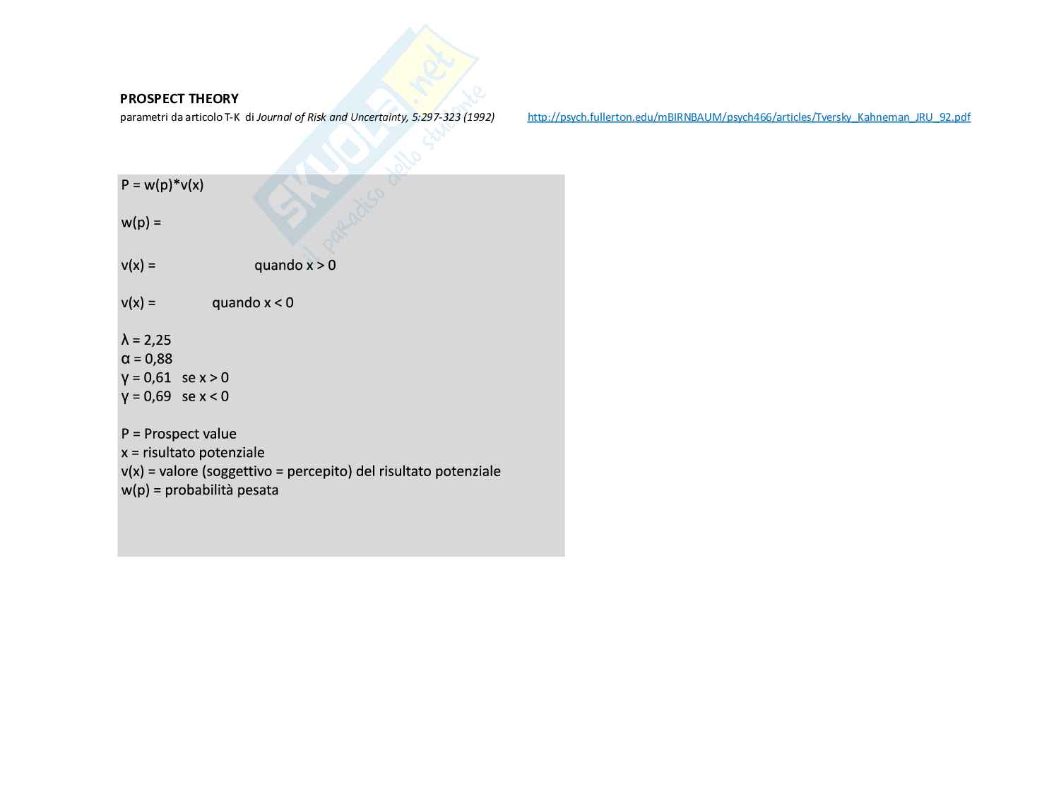 Prospect Theory: il modello matematico Pag. 2