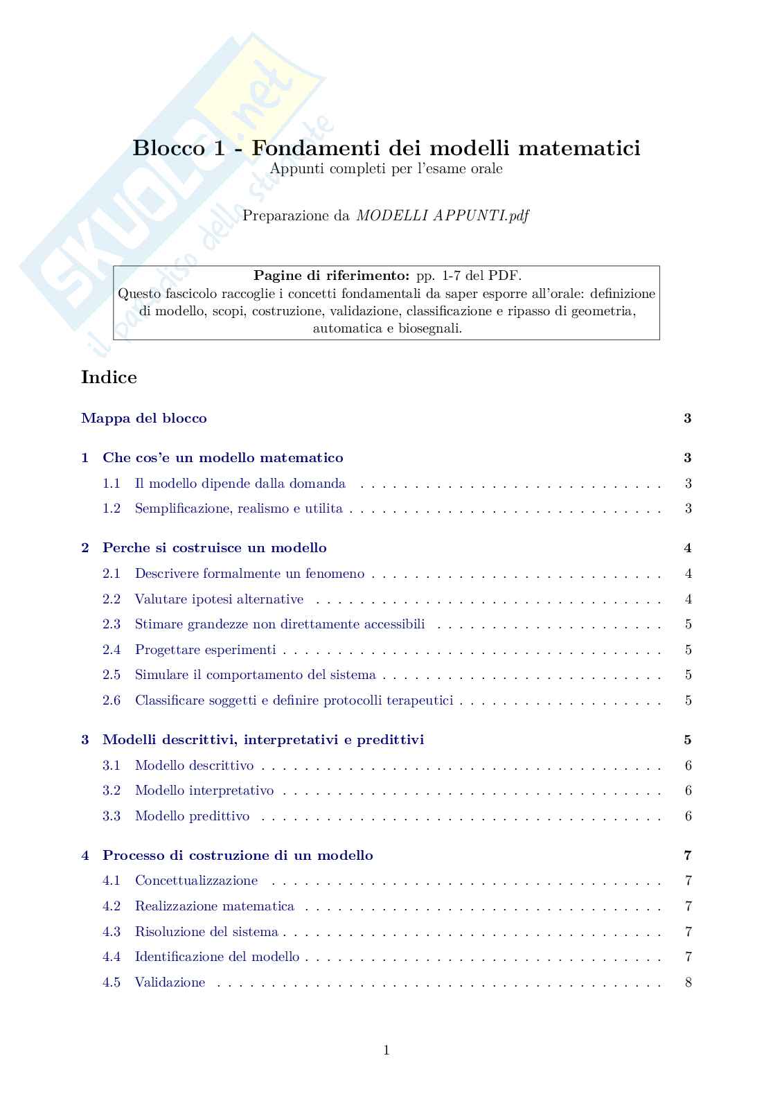 Blocco 1 Modelli di sistemi biologici - Fondamenti di modelli matematici Pag. 1