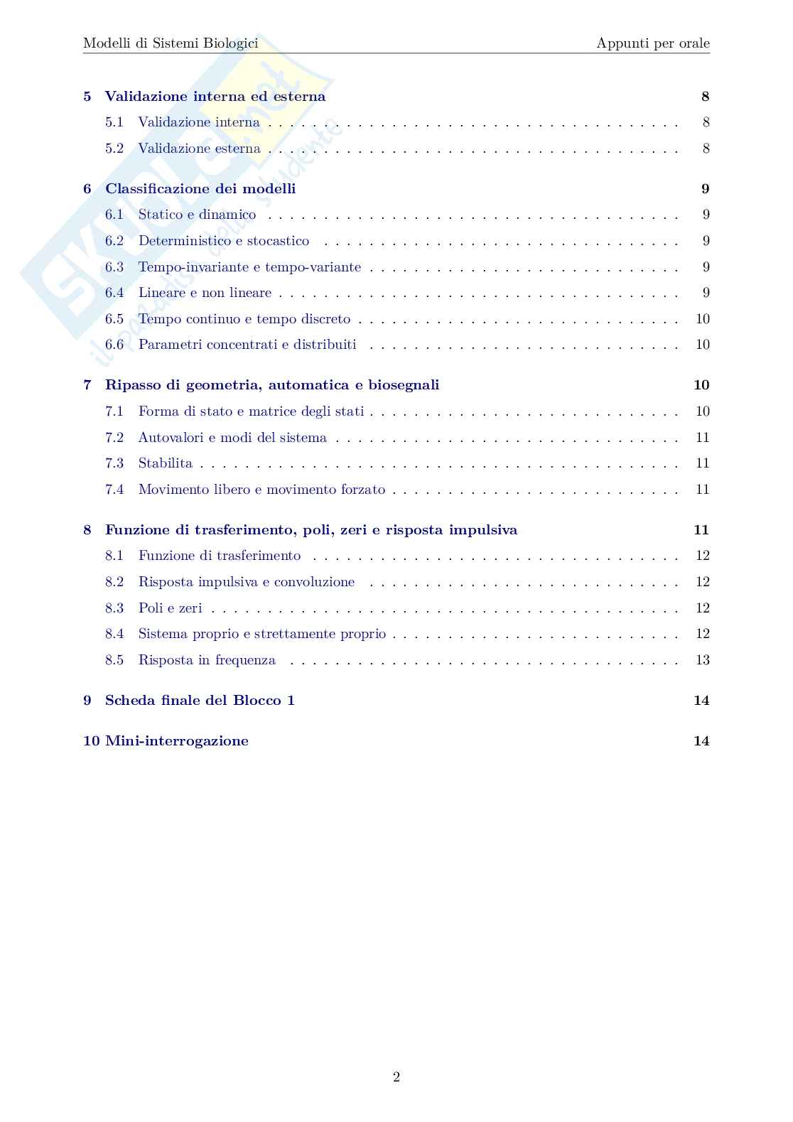Blocco 1 Modelli di sistemi biologici - Fondamenti di modelli matematici Pag. 2