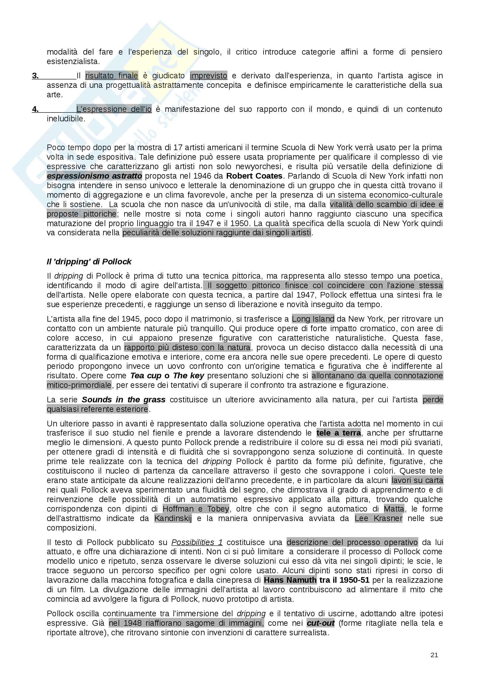 Riassunto esame arte contemporanea (monografico: scuola di New York), docente Tedeschi, libro consigliato: La scuola di New York, Tedeschi Pag. 21