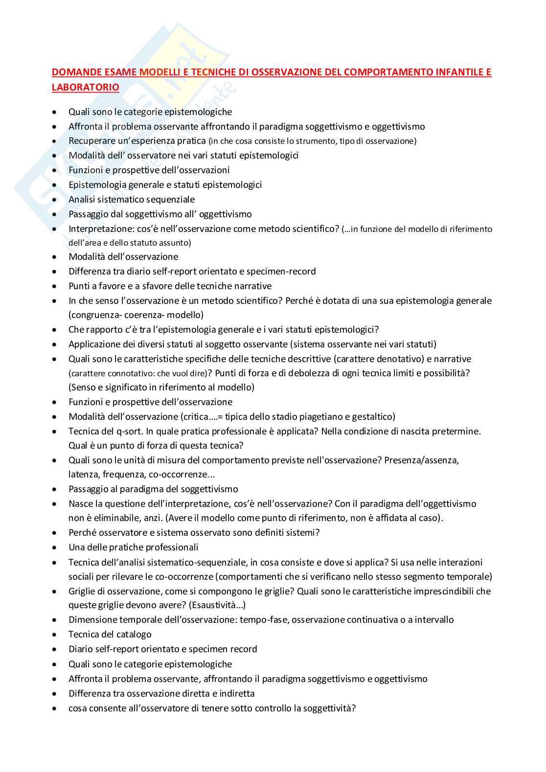 Domande esame Modelli e tecniche di osservazione del comportamento infantile Pag. 1