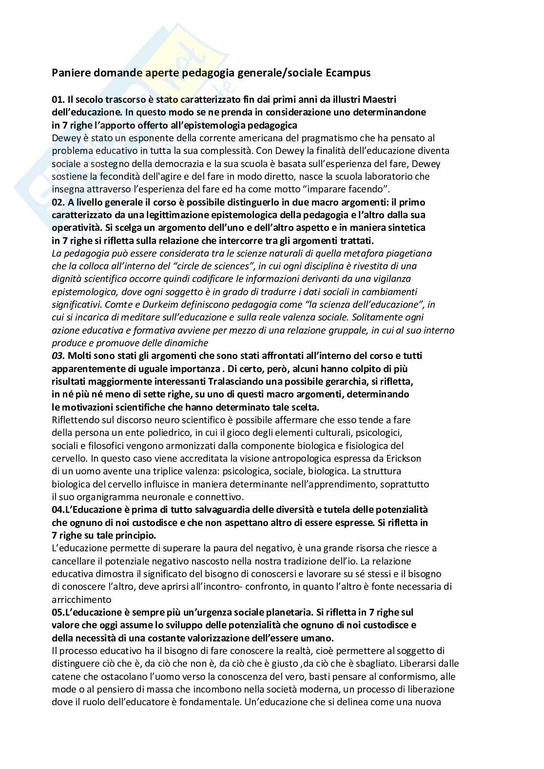 Paniere Pedagogia generale e sociale (2026) - Risposte Aperte Corrette  Pag. 2