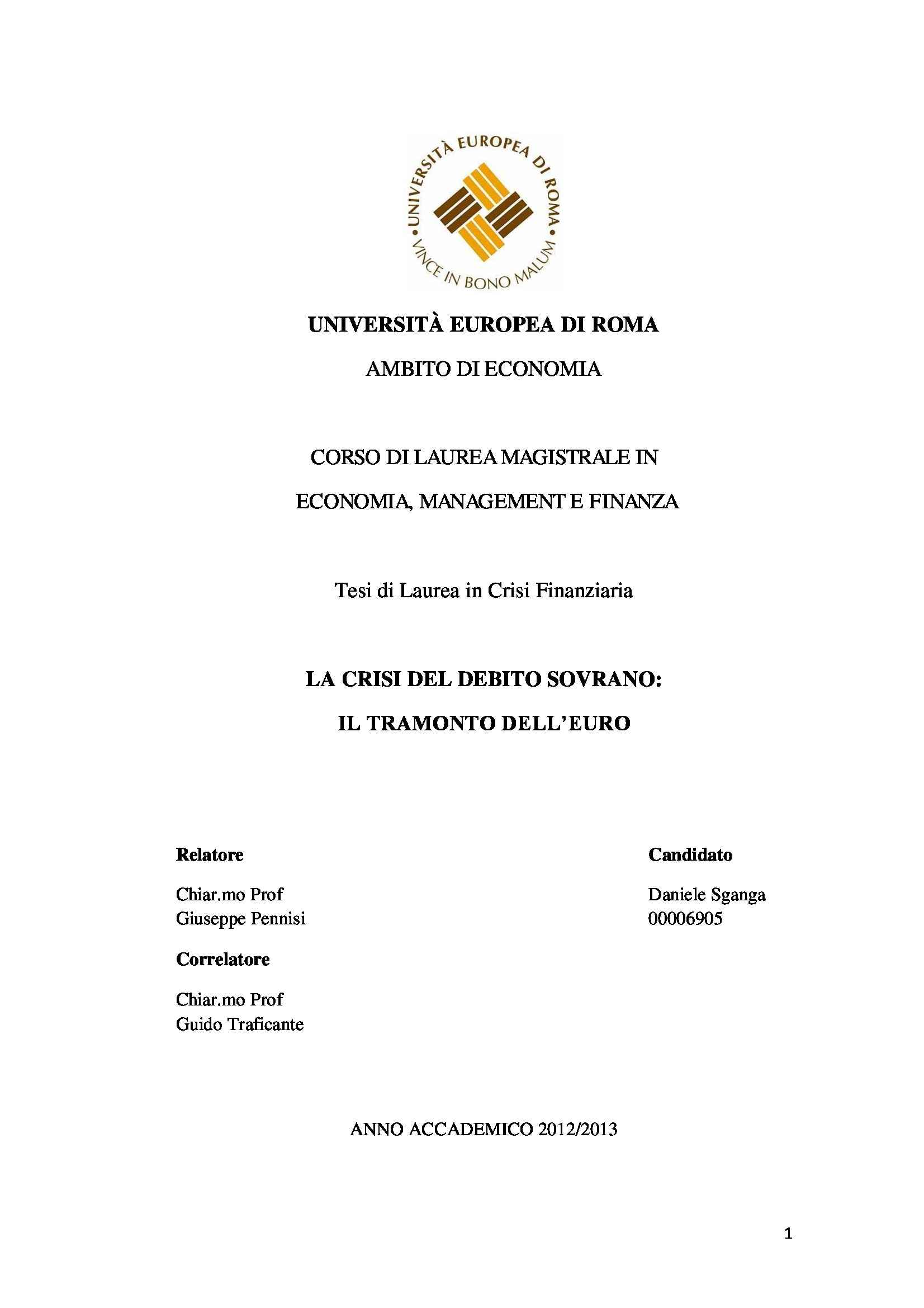 Tesi - La crisi del debito sovrano il tramonto dell'euro Pag. 1