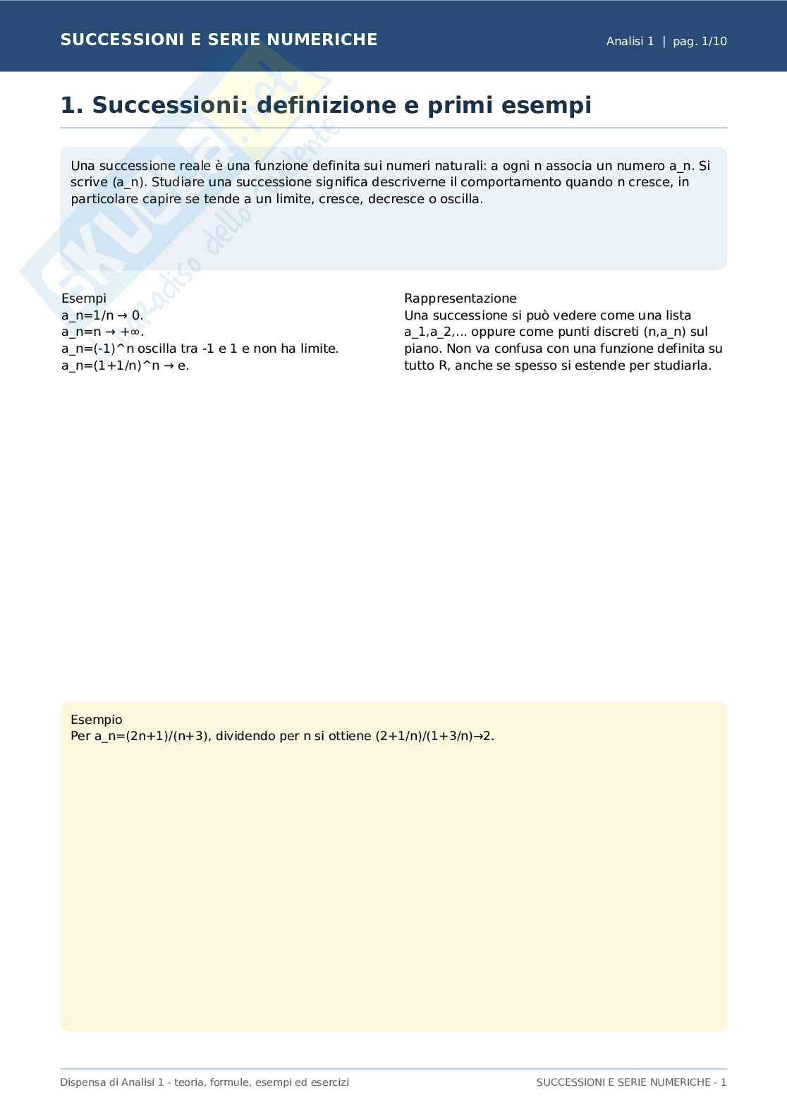 Analisi 1 - Successioni: definizione e primi esempi Pag. 1