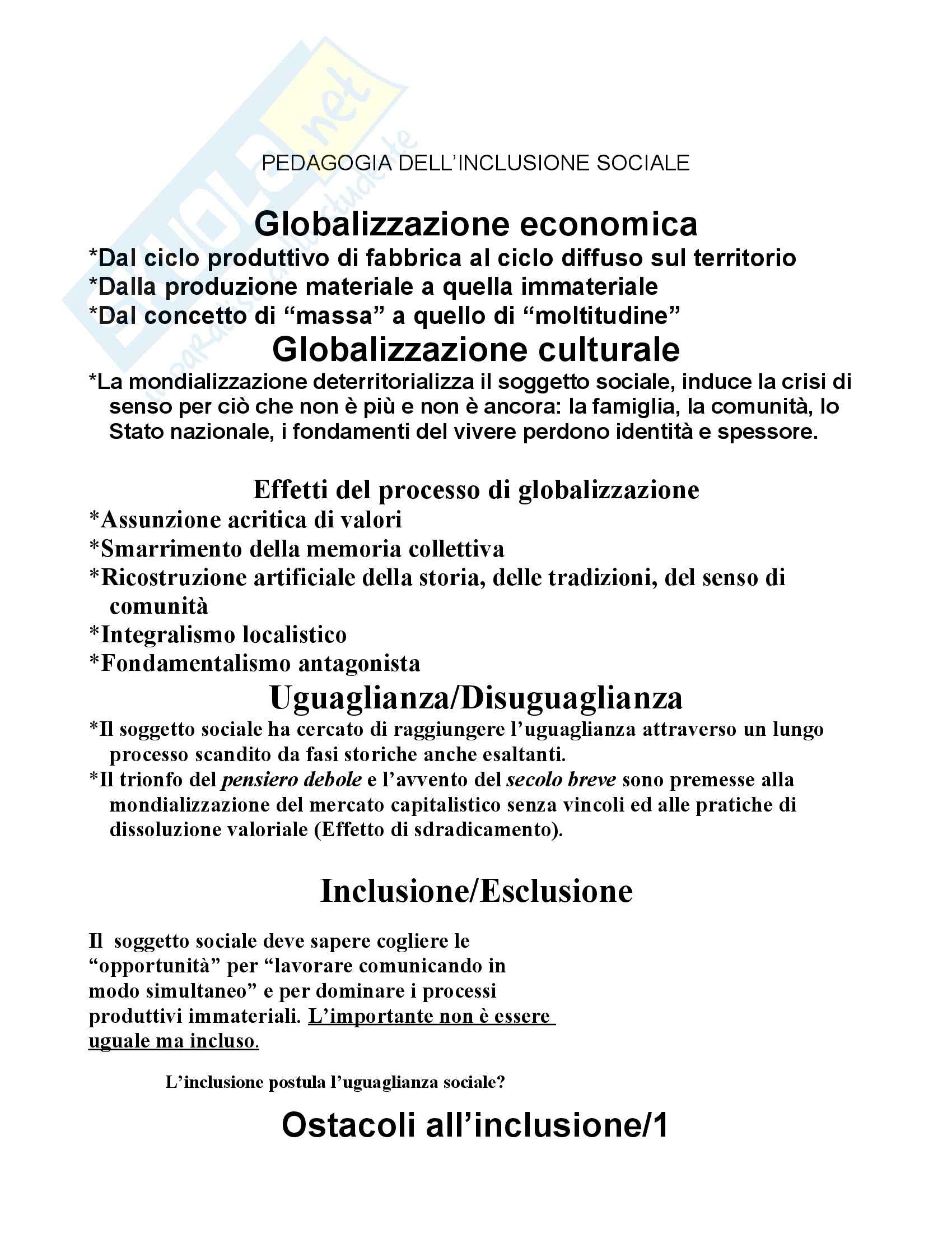 Pedagogia dell'inclusione sociale - Appunti Pag. 1