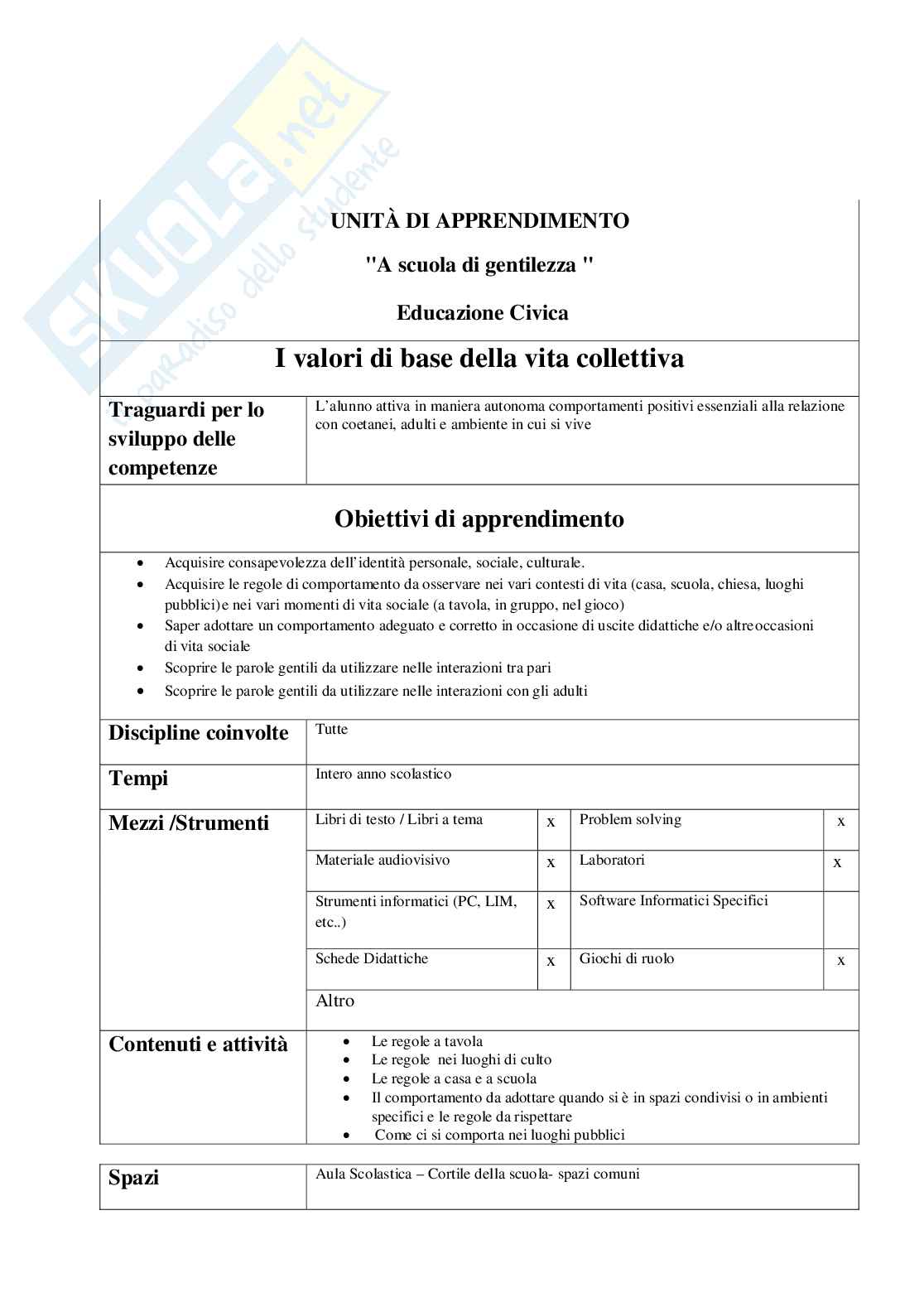 Esempio uda lezione simulata per la scuola primaria e concorsi pubblici educazione civica titolo a scuola di gentilezza Pag. 1