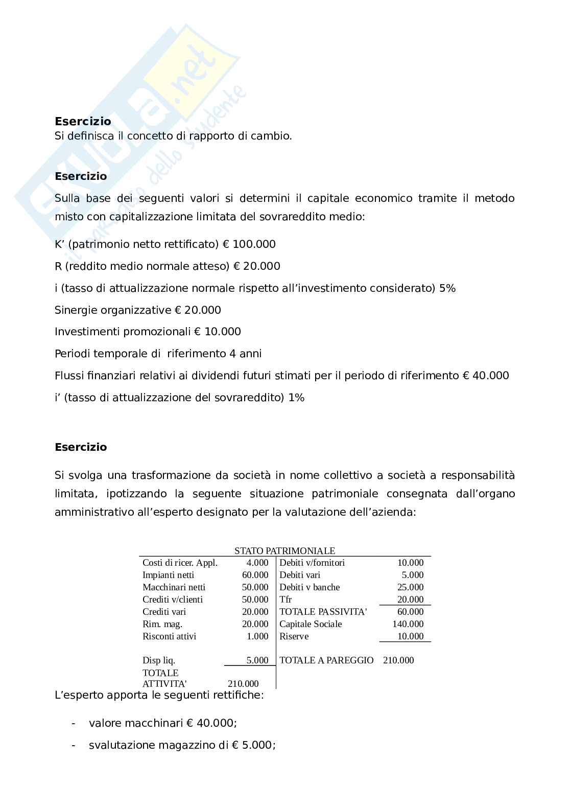 Esercitazione Valutazione d'azienda Pag. 1